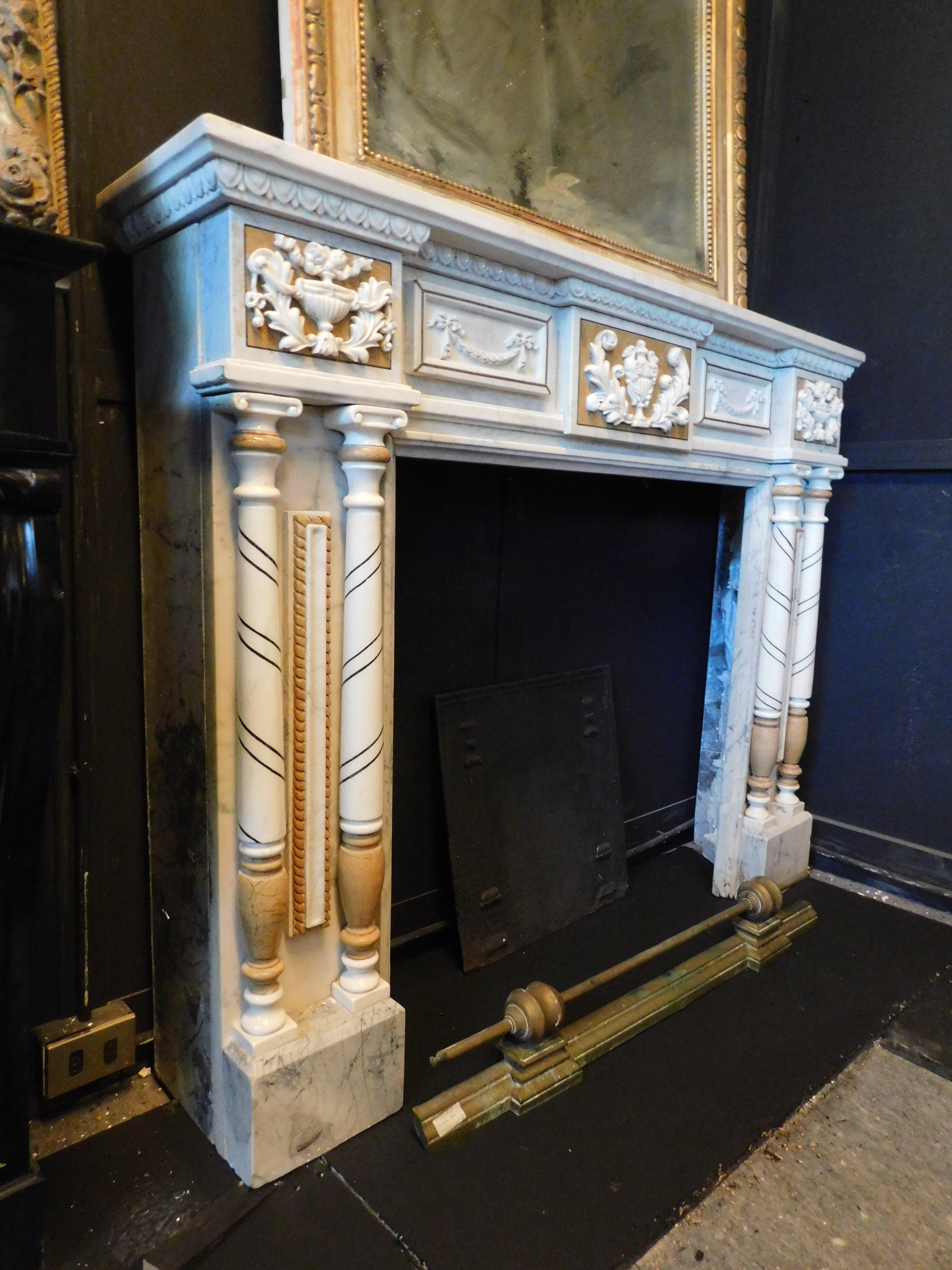 Vintage Fireplace in Carved and Inlaid White Marble, Early 1900s, Italy For Sale 1