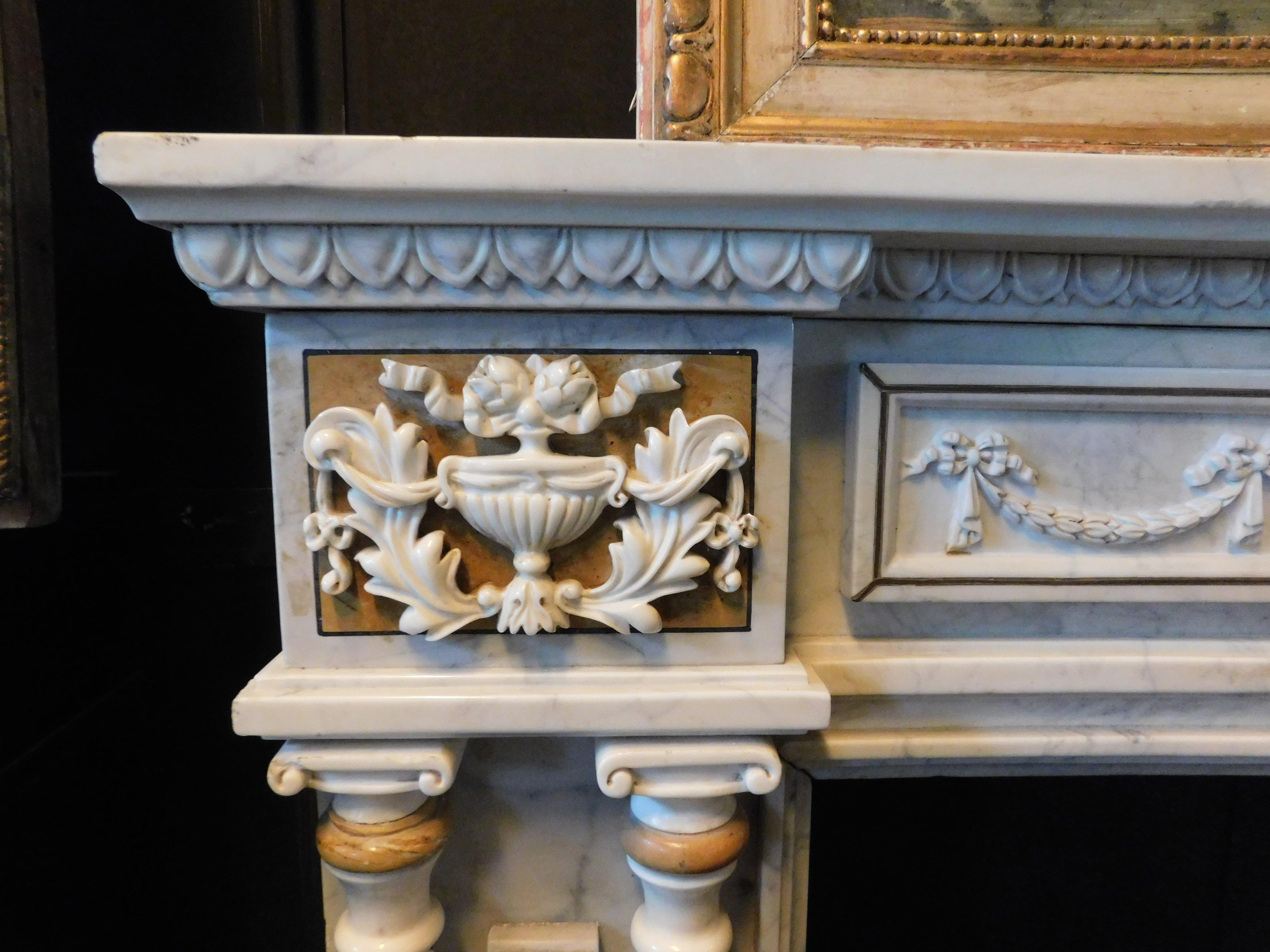 Vintage Fireplace in Carved and Inlaid White Marble, Early 1900s, Italy For Sale 2