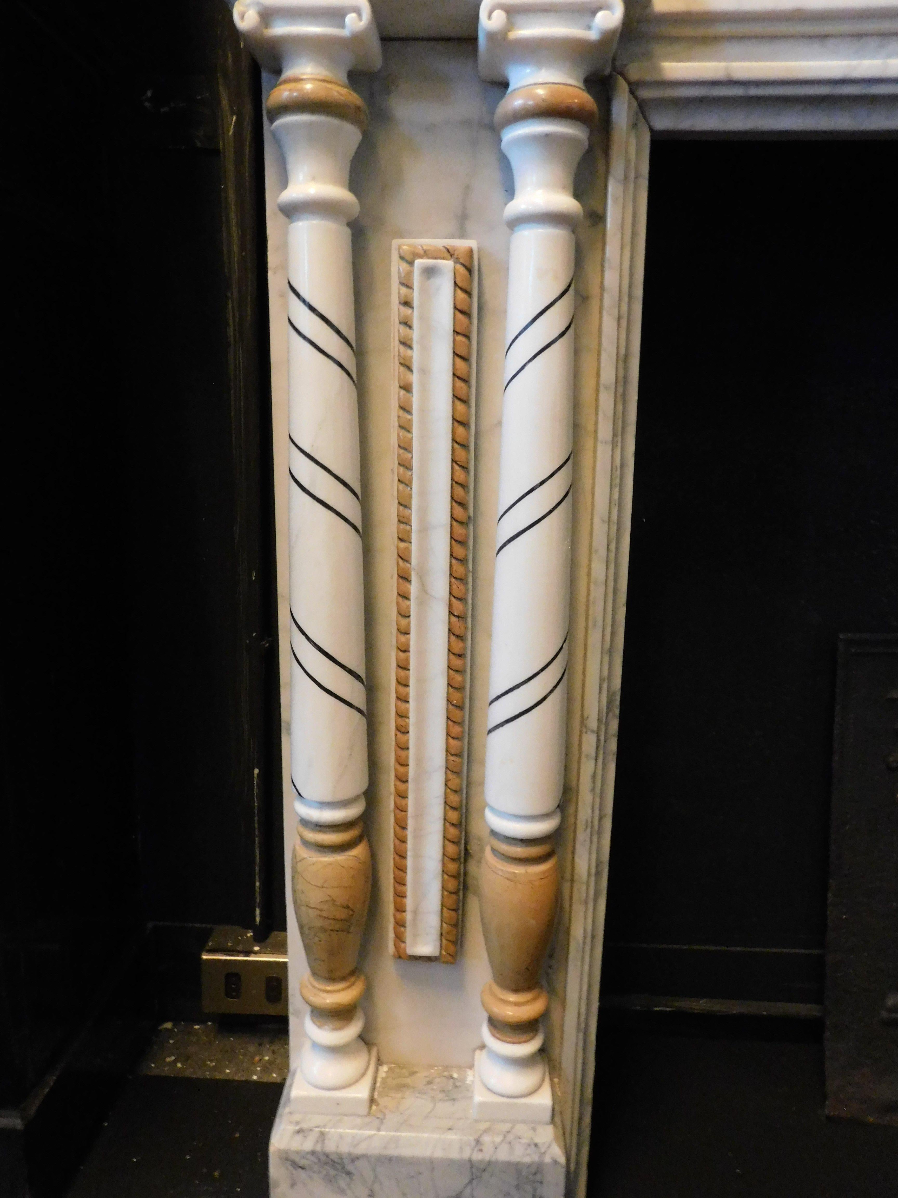 Vintage Fireplace in Carved and Inlaid White Marble, Early 1900s, Italy For Sale 4