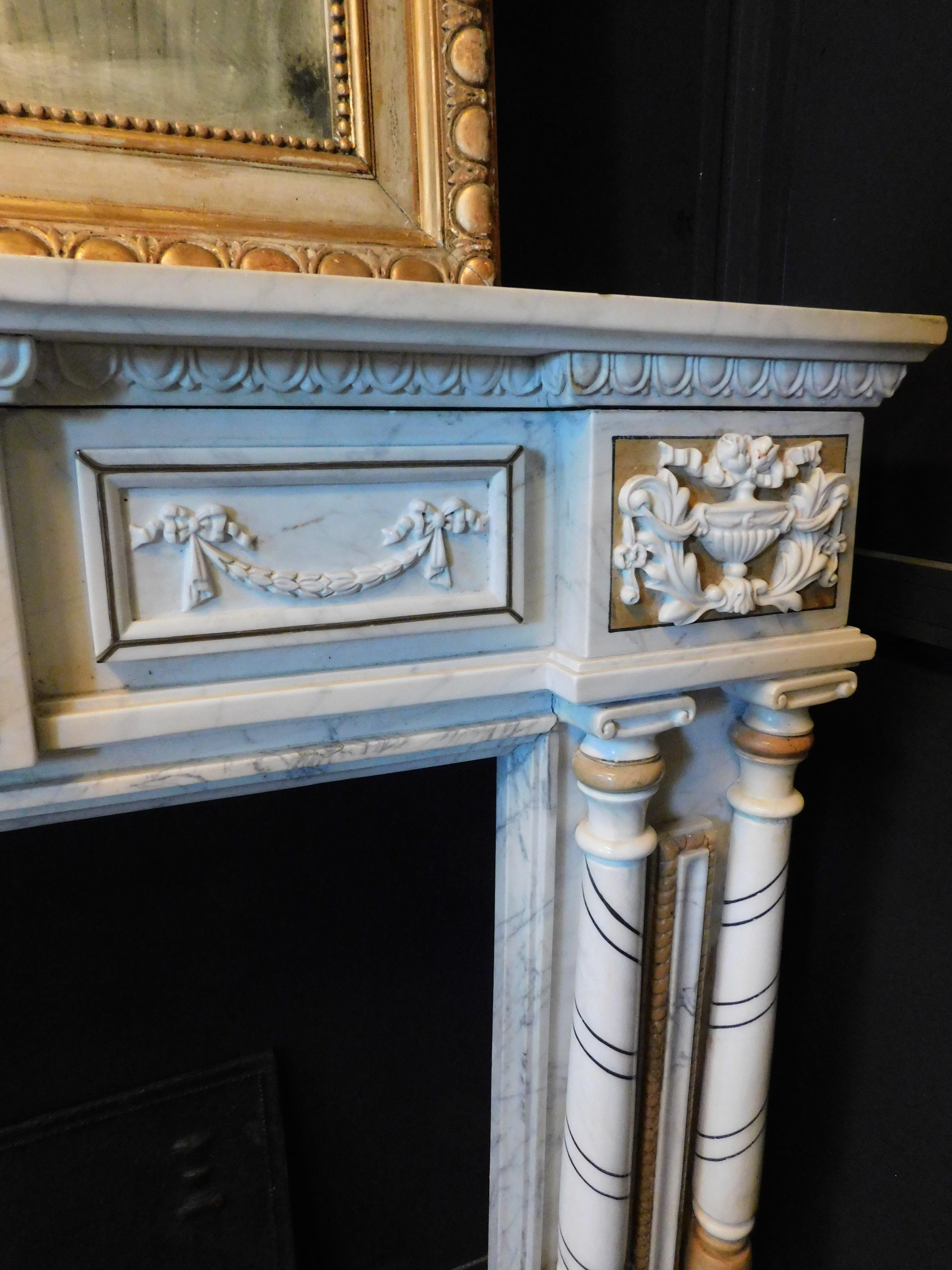 Vintage Fireplace in Carved and Inlaid White Marble, Early 1900s, Italy For Sale 5