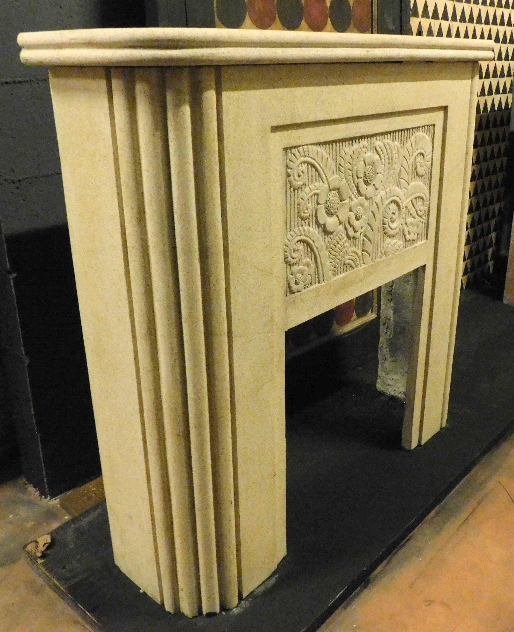 Italian Vintage Fireplace in White Grit, Deco Style, 20th Century