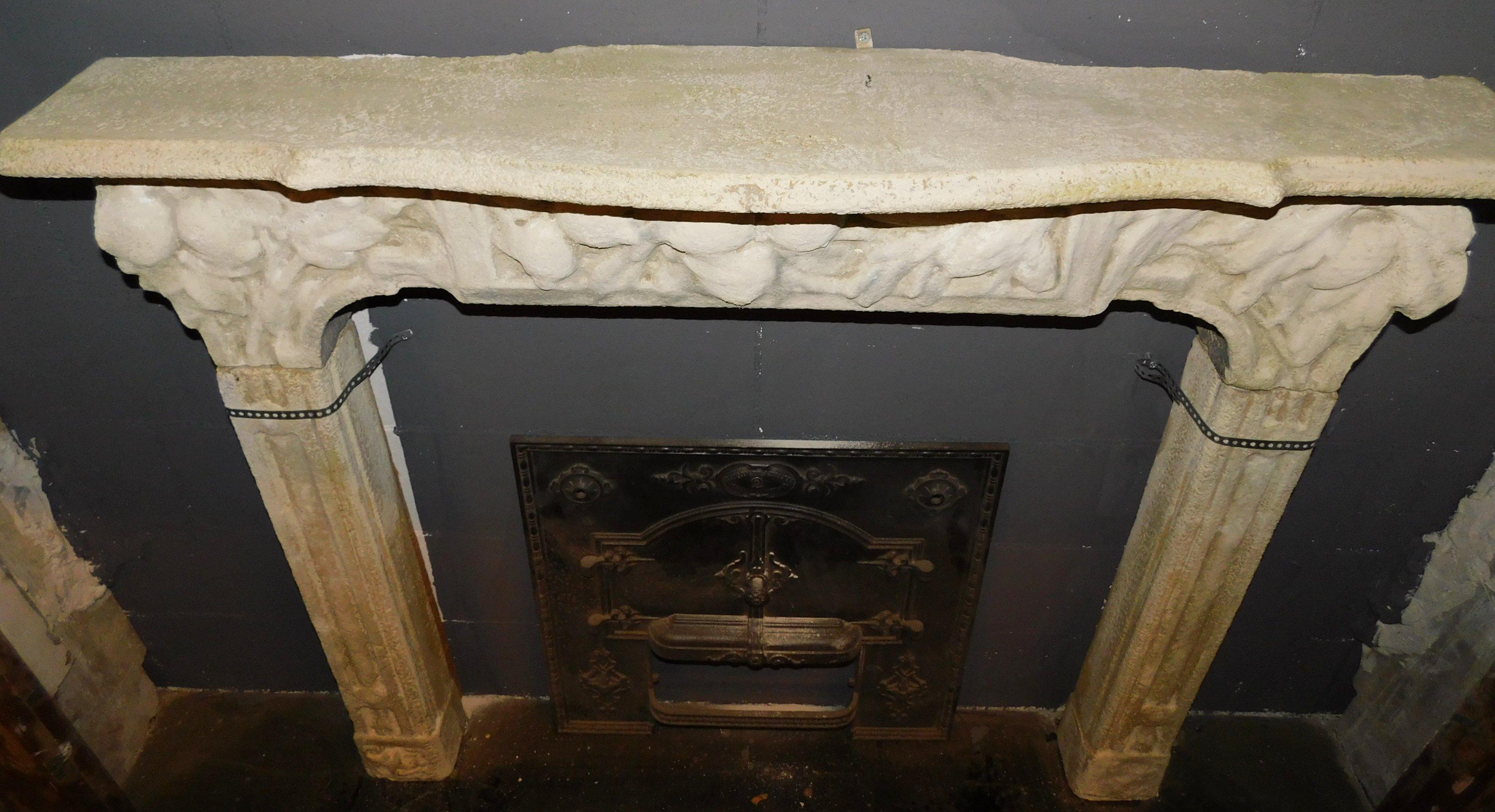 Hand-Carved Vintage Fireplace Mantle in Hand Sculpted Beige Concrete, Early 1900s, Italy