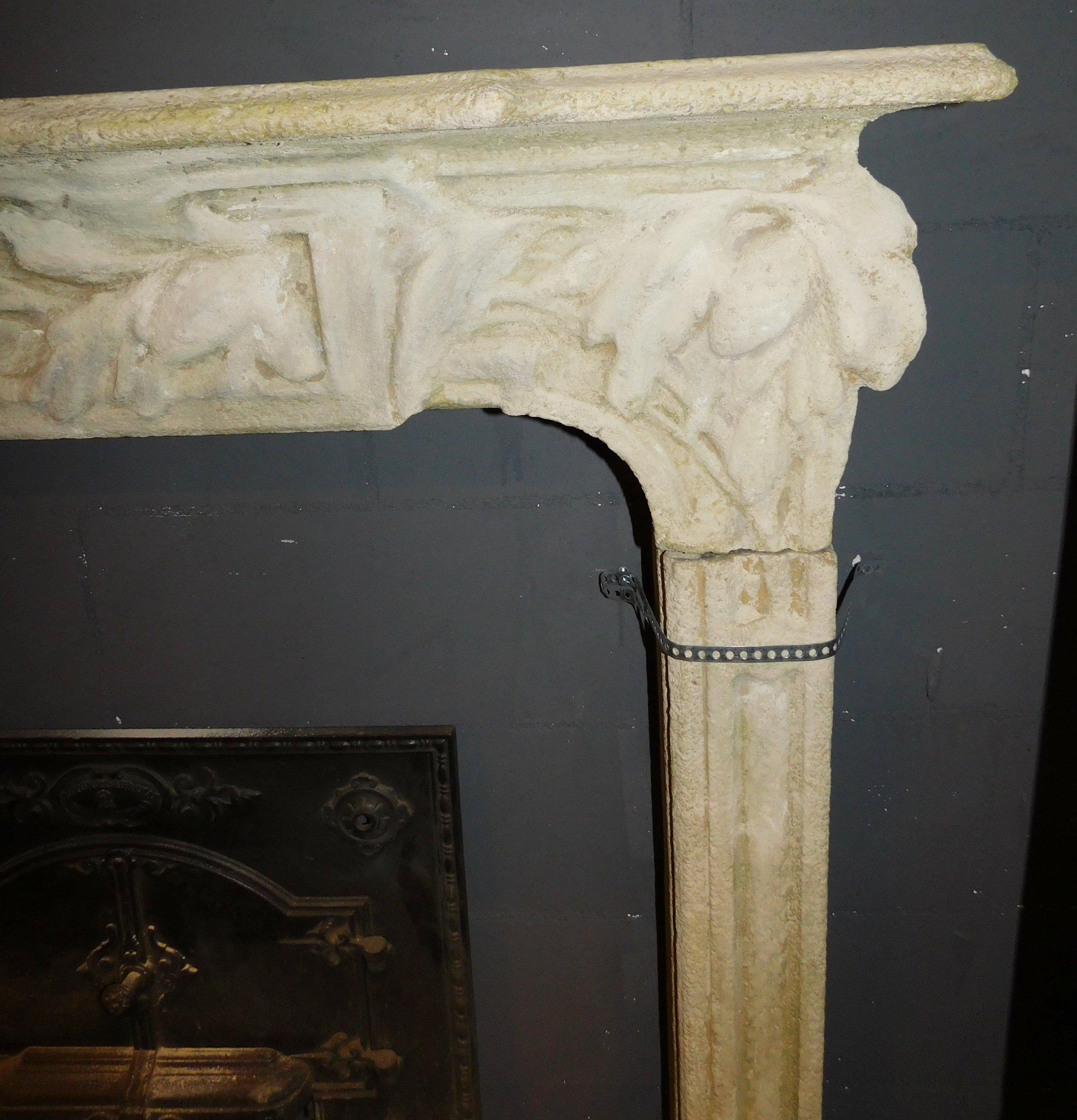 Vintage Fireplace Mantle in Hand Sculpted Beige Concrete, Early 1900s, Italy In Good Condition In Cuneo, Italy (CN)