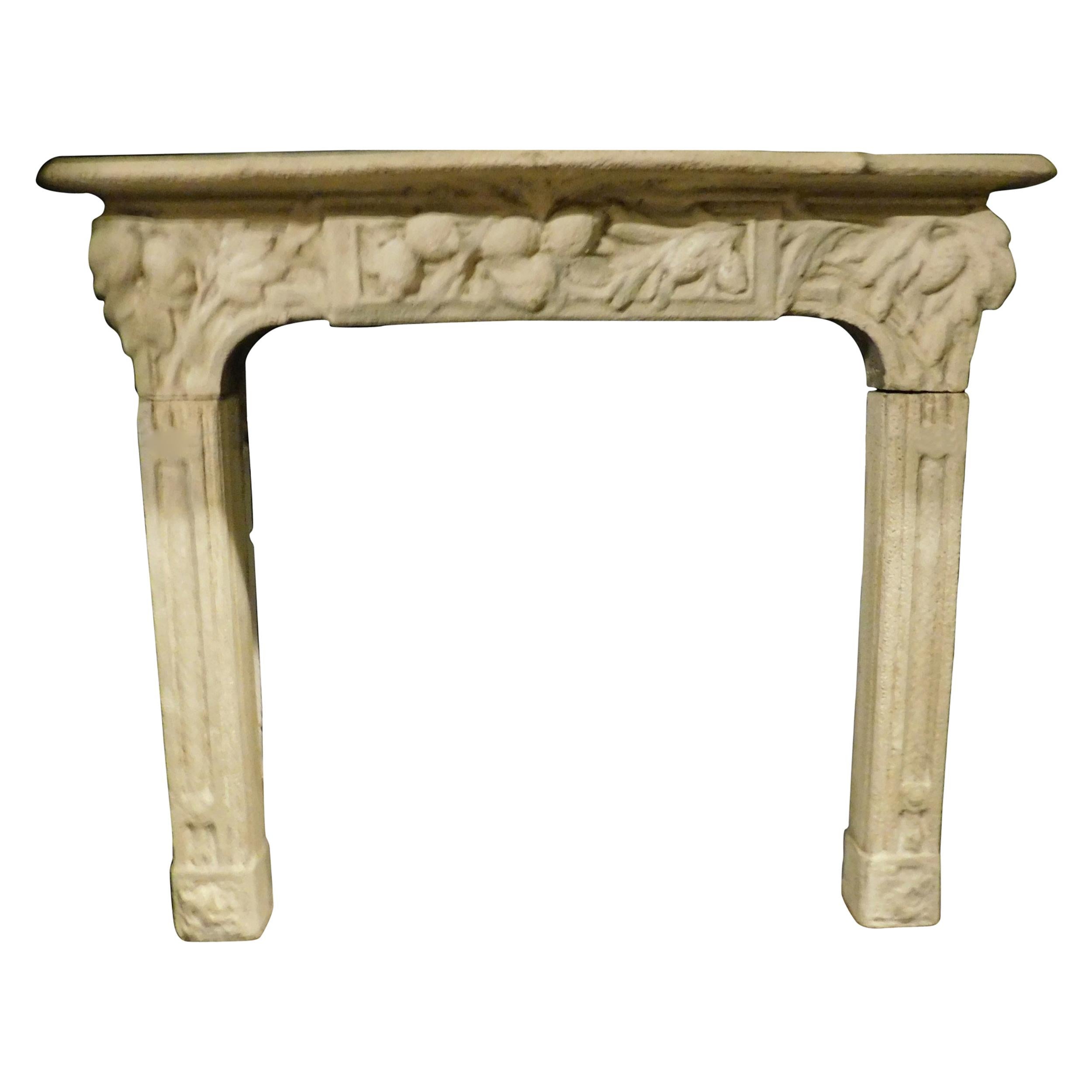 Vintage Fireplace Mantle in Hand Sculpted Beige Concrete, Early 1900s, Italy