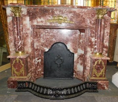 Vintage Fireplace Mantle in Red Marble with Brass Decorations, 1920s Italy