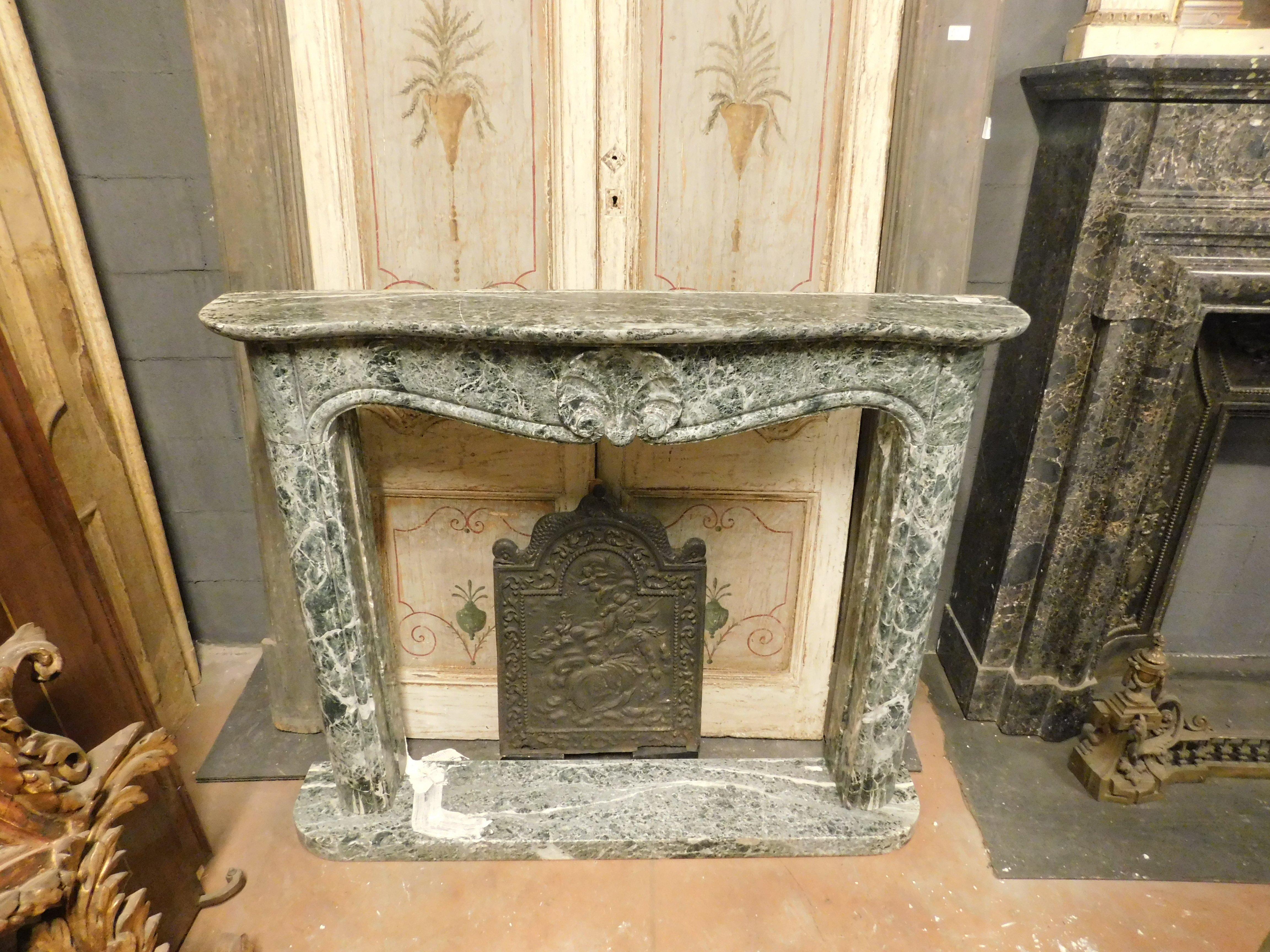 Vintage Fireplace Mantle in Verde Alpi Marble Carved, 20th Century Italy In Good Condition In Cuneo, Italy (CN)