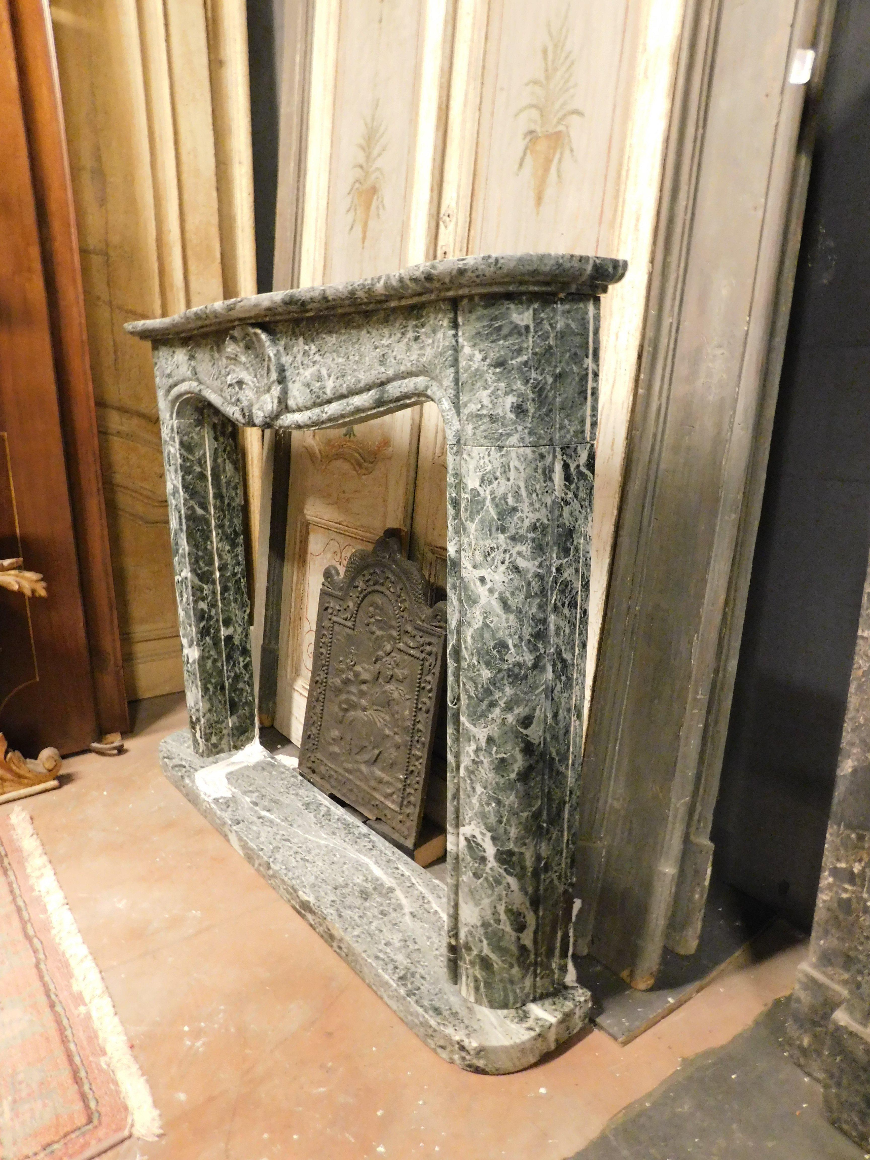Vintage Fireplace Mantle in Verde Alpi Marble Carved, 20th Century Italy 3