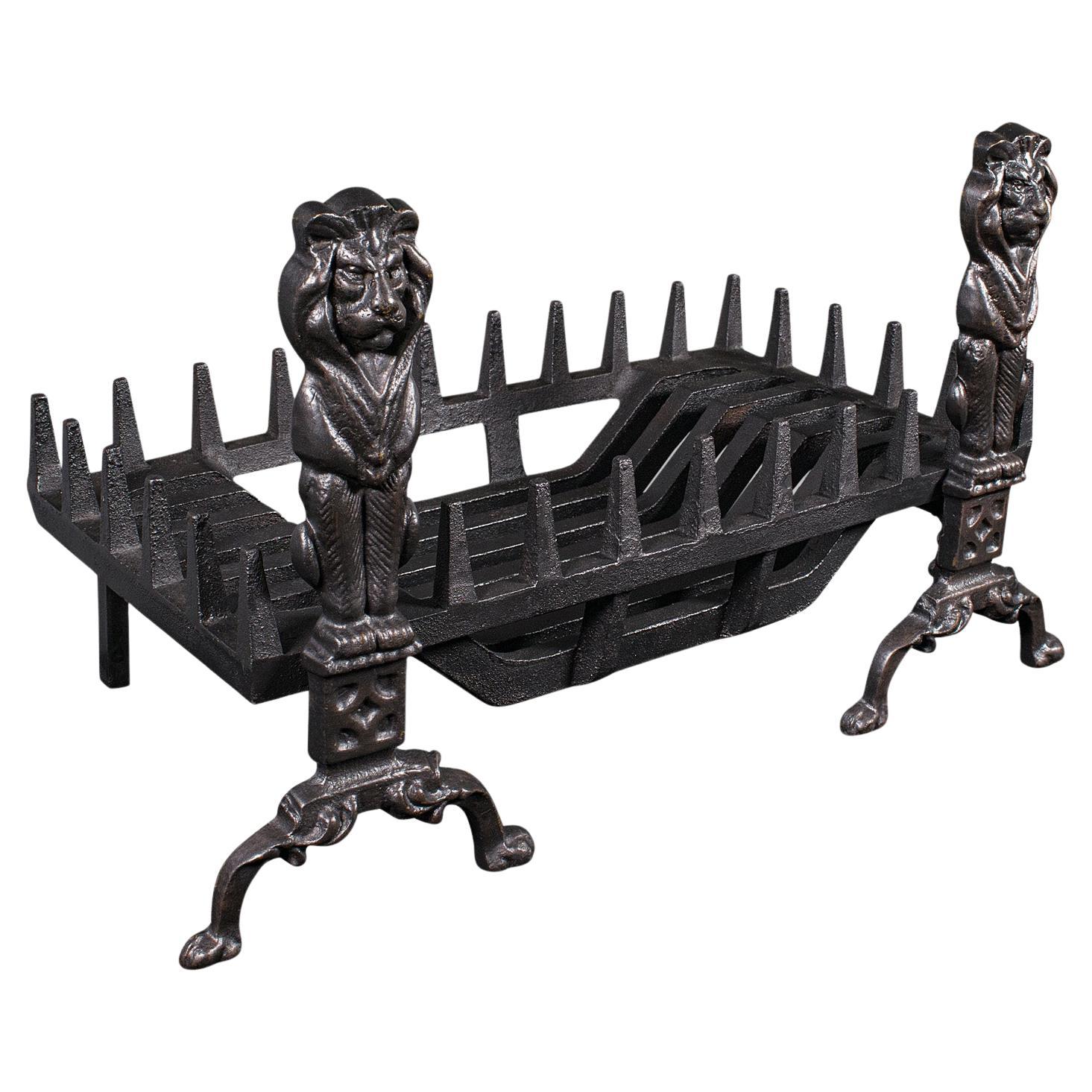 Vintage Fireplace Set, English, Cast Iron, Fire Basket, Andirons, Mid Century