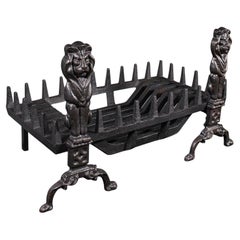 Vintage Fireplace Set, English, Cast Iron, Fire Basket, Andirons, Mid Century