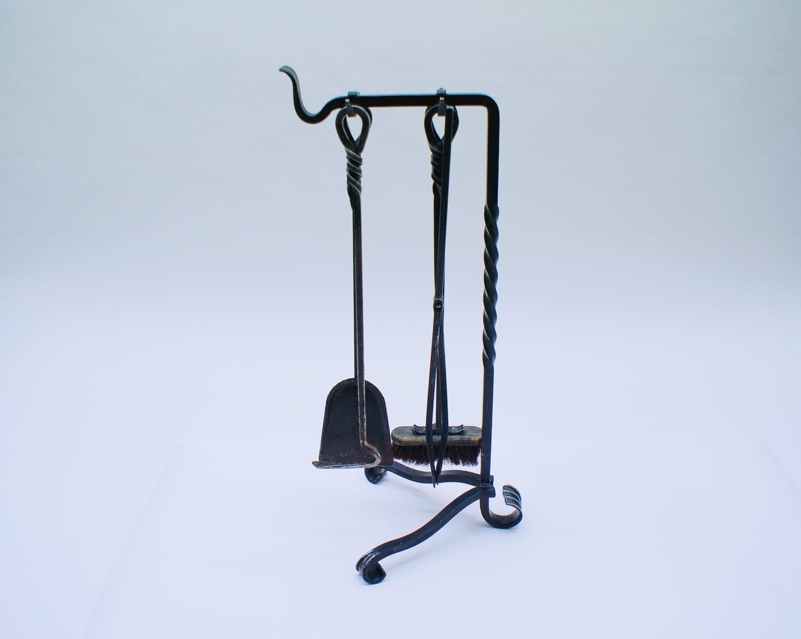 Mid-Century Modern Vintage Fireplace Tool Set in Cast Iron, 1970s
