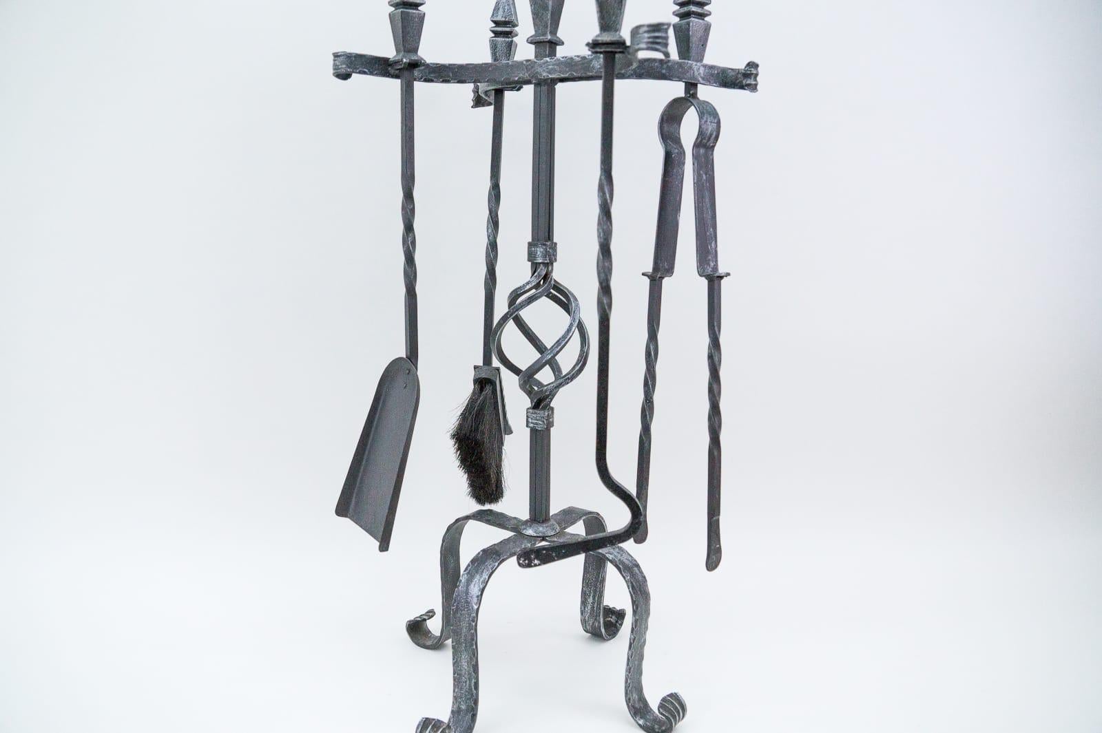 Forged Vintage Fireplace Tool Set in Cast Iron, 1970s France For Sale