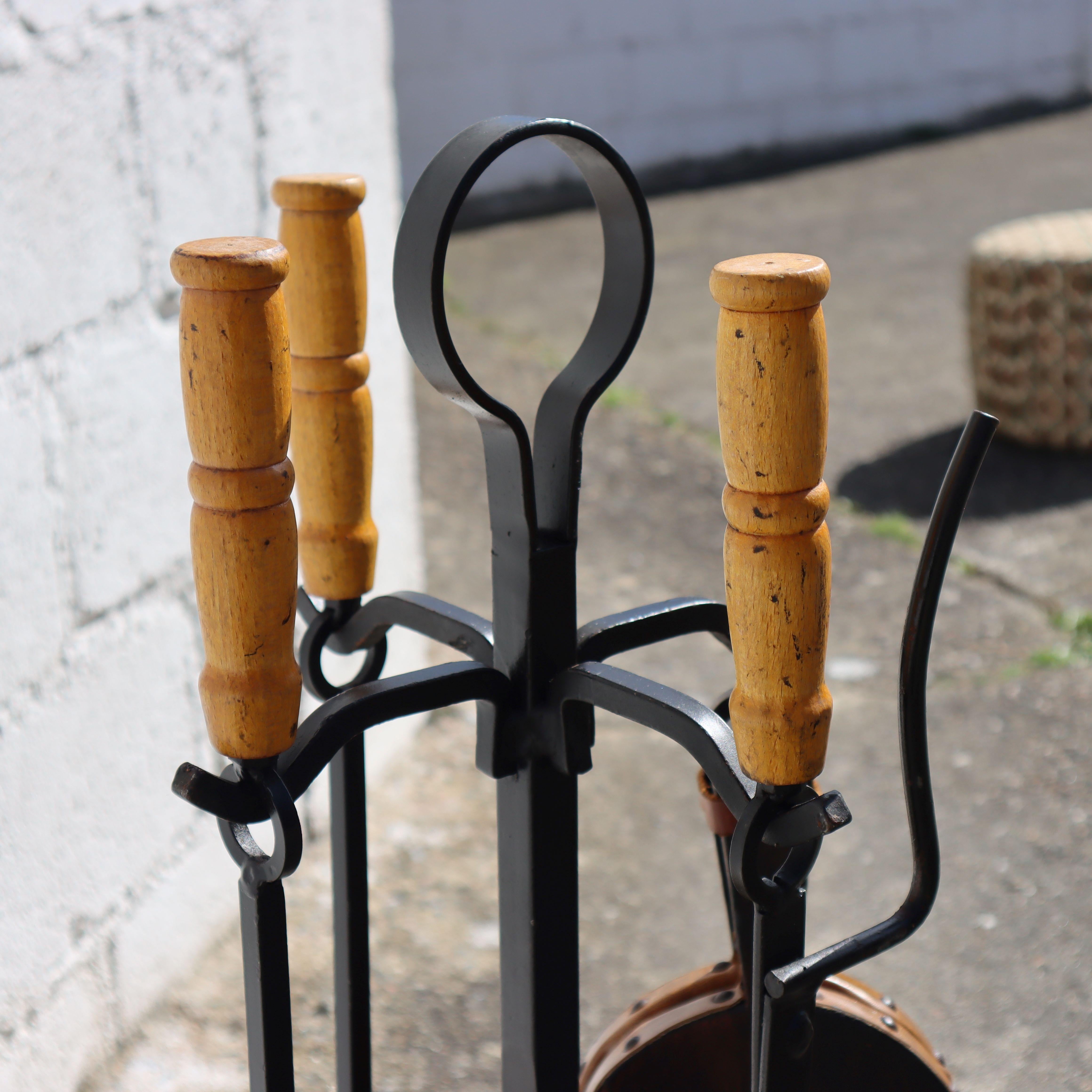 Vintage  Fireplace Tool Set with Cast Iron Stand & Carved Bellows 70s 7