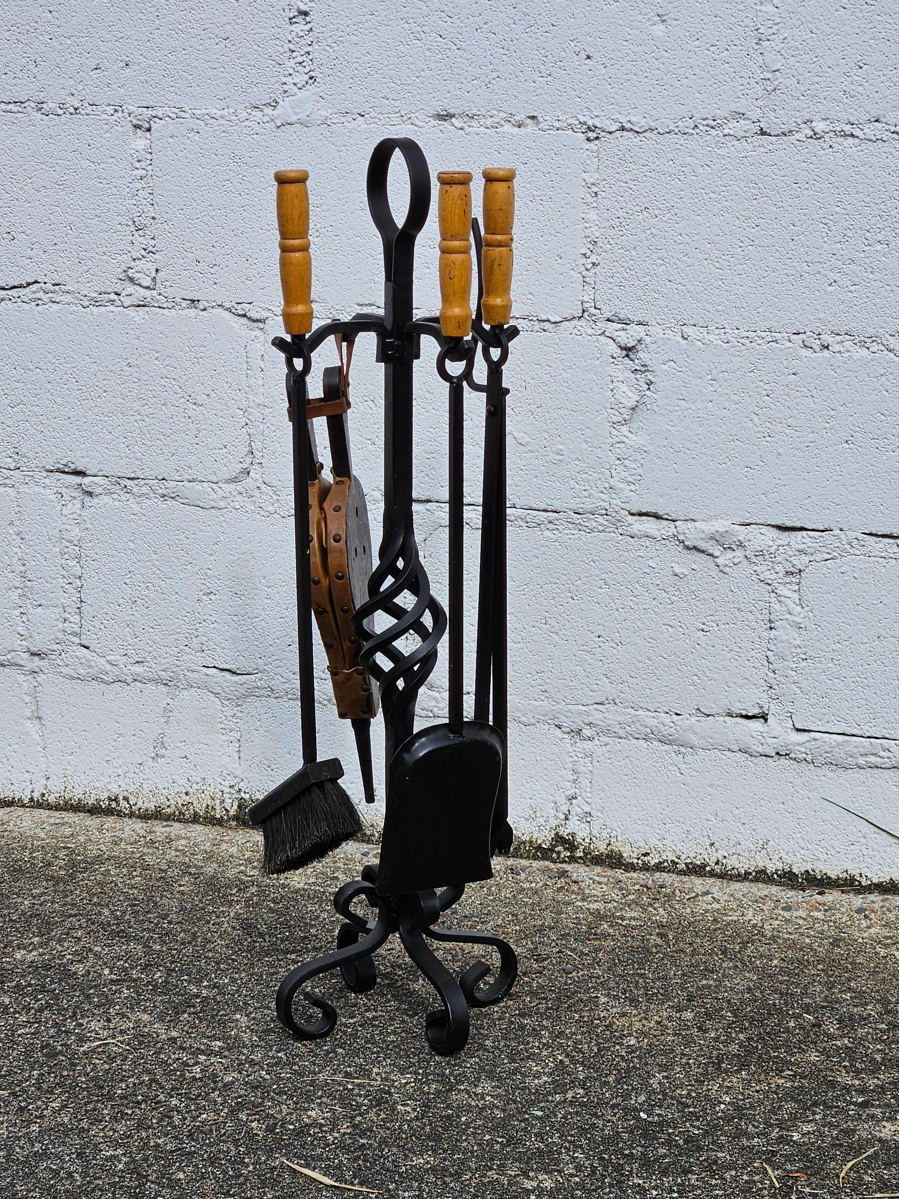 Vintage  Fireplace Tool Set with Cast Iron Stand & Carved Bellows 70s 8