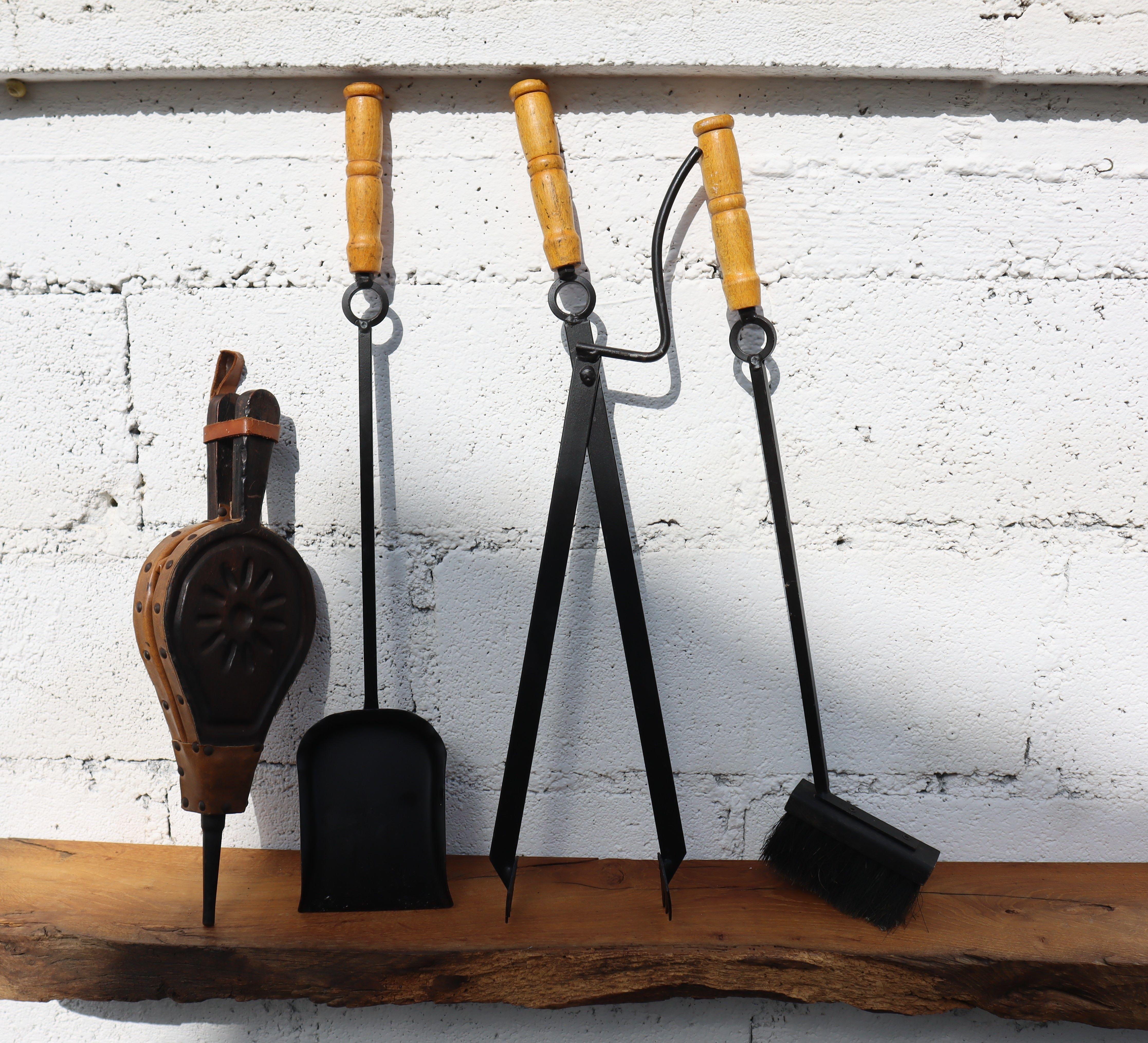 Gothic Vintage  Fireplace Tool Set with Cast Iron Stand & Carved Bellows 70s