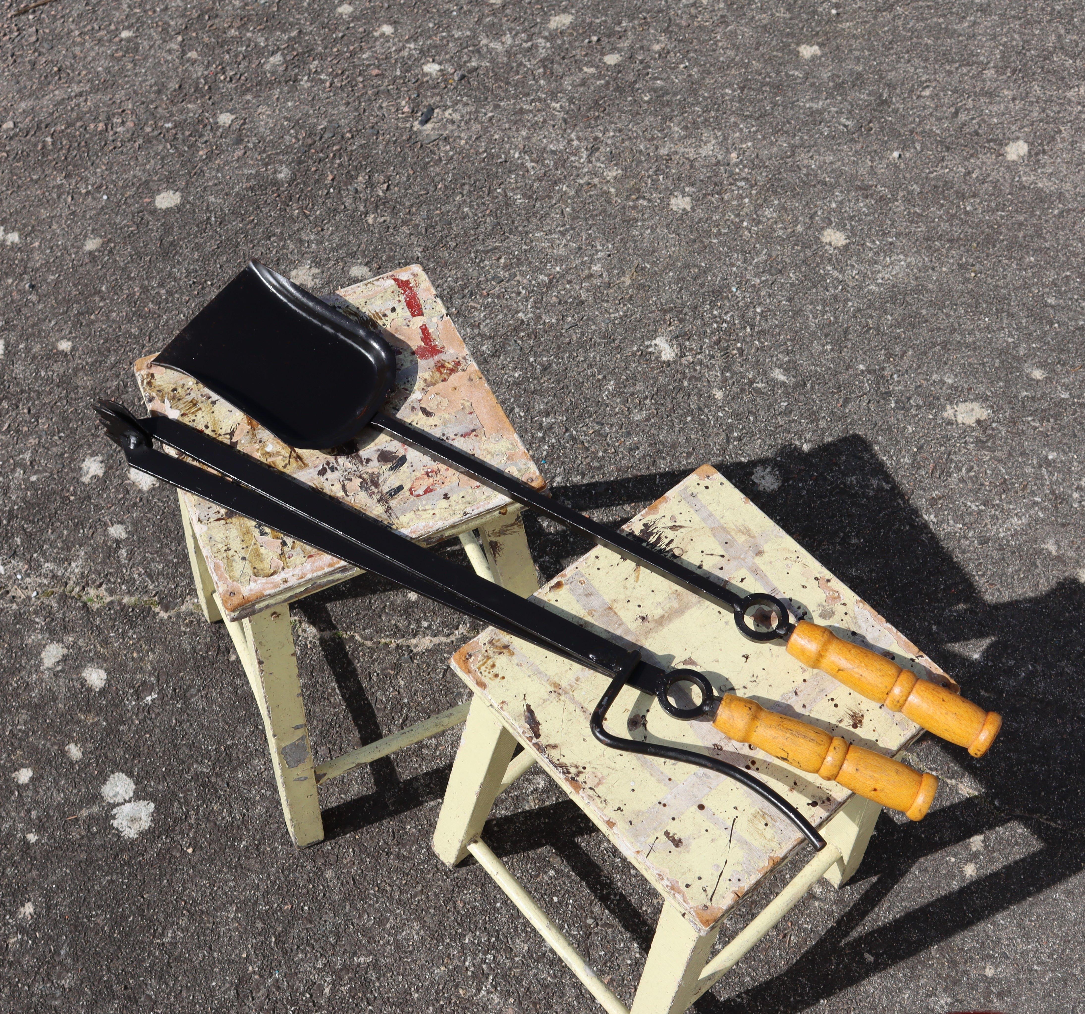 Late 20th Century Vintage  Fireplace Tool Set with Cast Iron Stand & Carved Bellows 70s