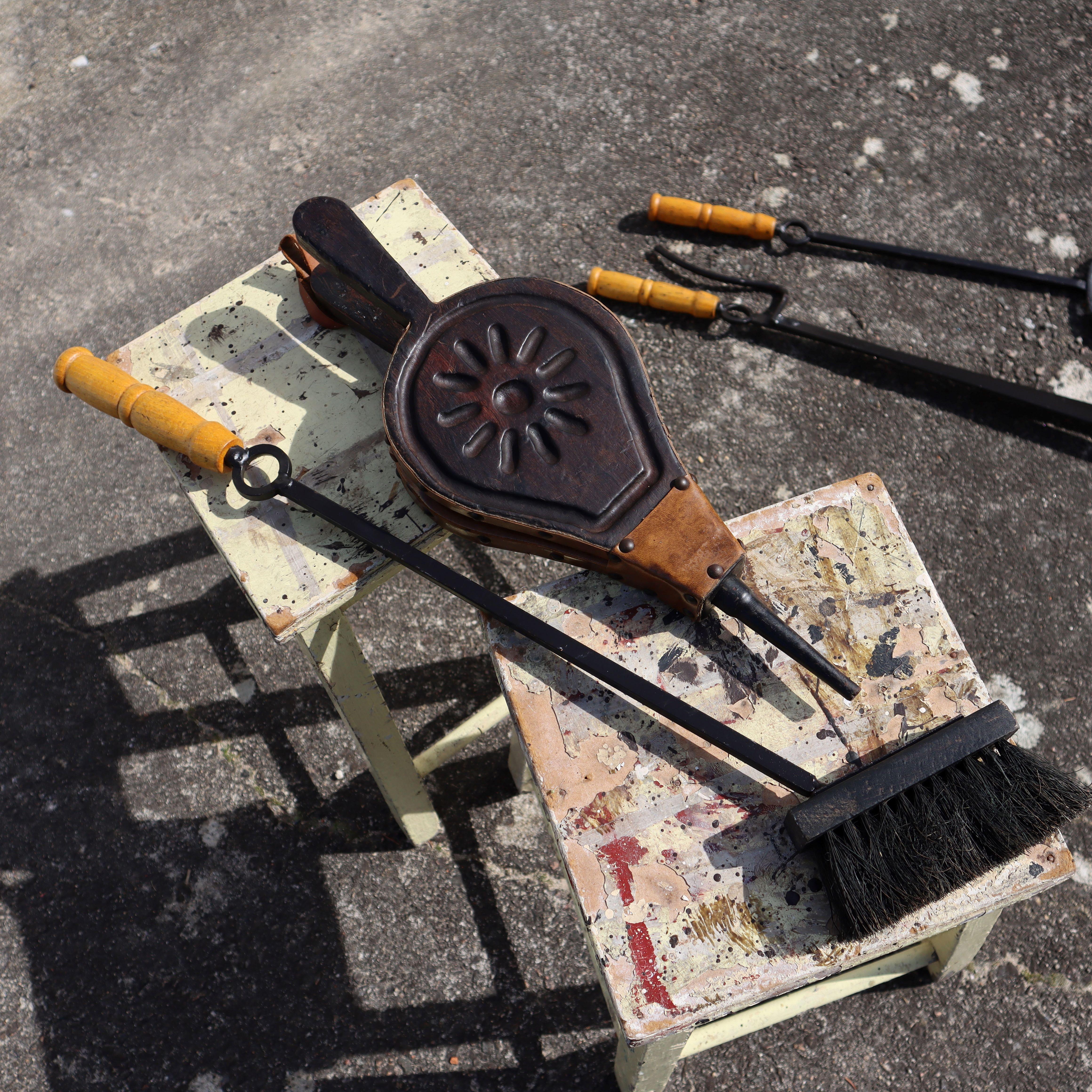 Leather Vintage  Fireplace Tool Set with Cast Iron Stand & Carved Bellows 70s