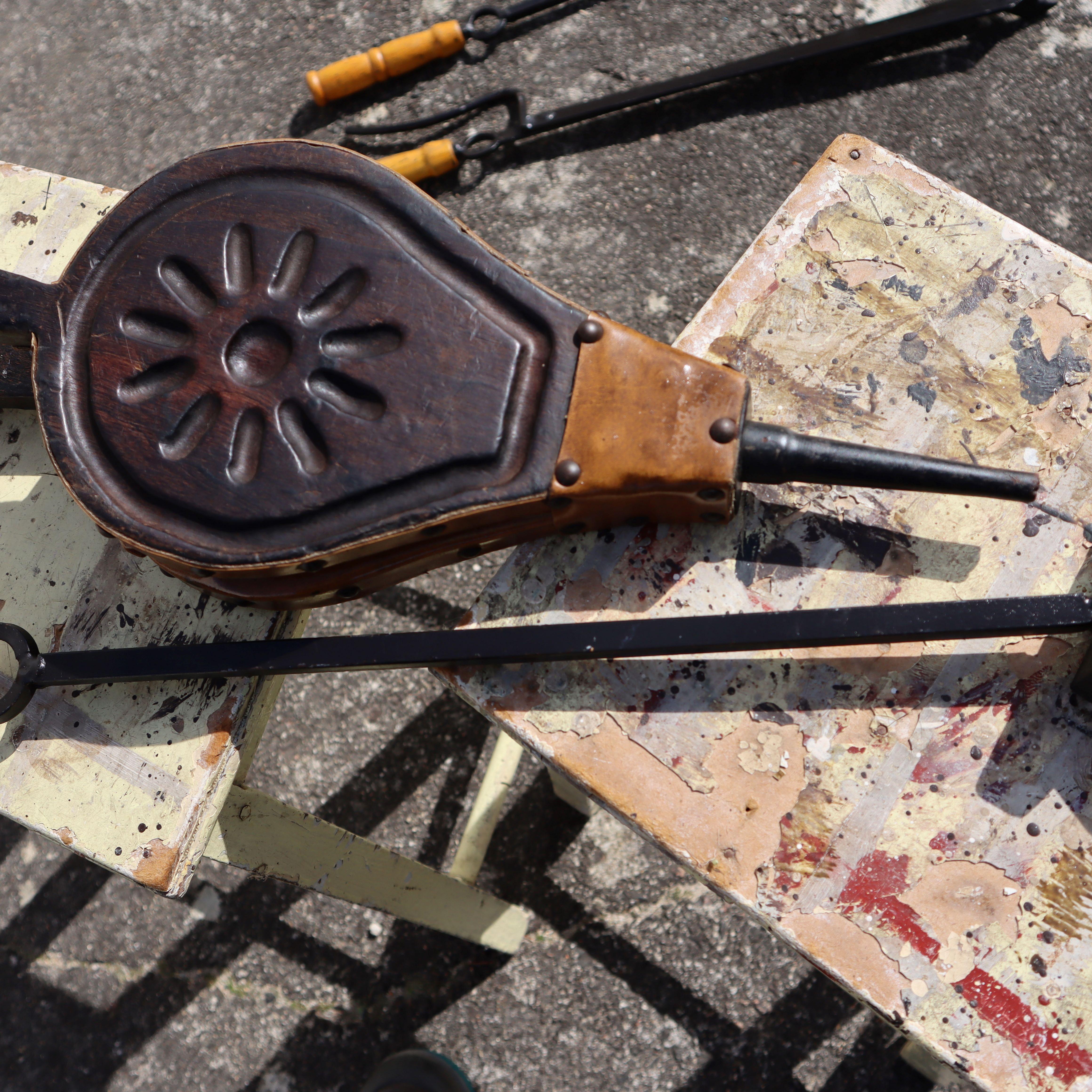 Vintage  Fireplace Tool Set with Cast Iron Stand & Carved Bellows 70s 1