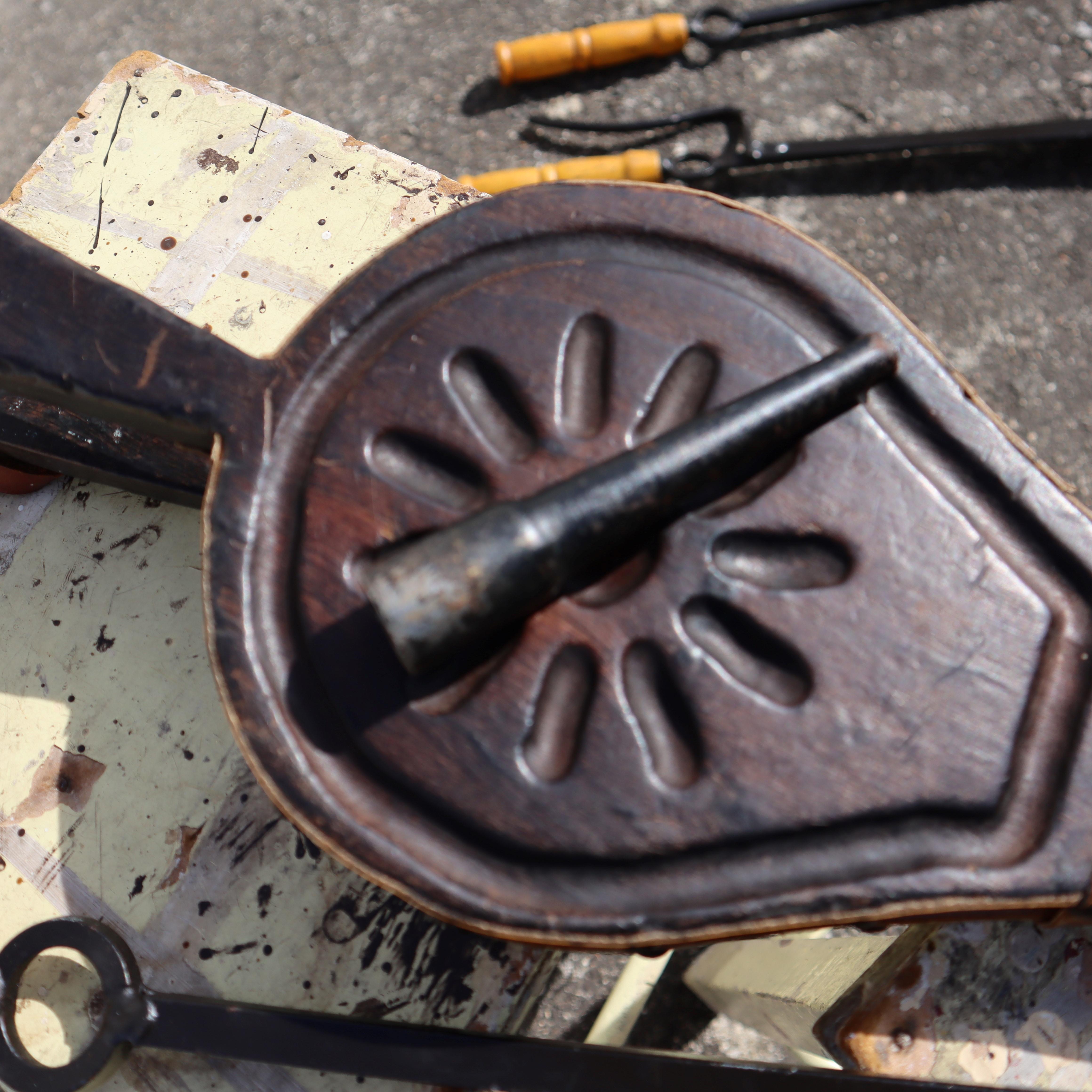 Vintage  Fireplace Tool Set with Cast Iron Stand & Carved Bellows 70s 2
