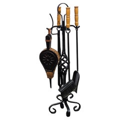 Vintage  Fireplace Tool Set with Cast Iron Stand & Carved Bellows 70s