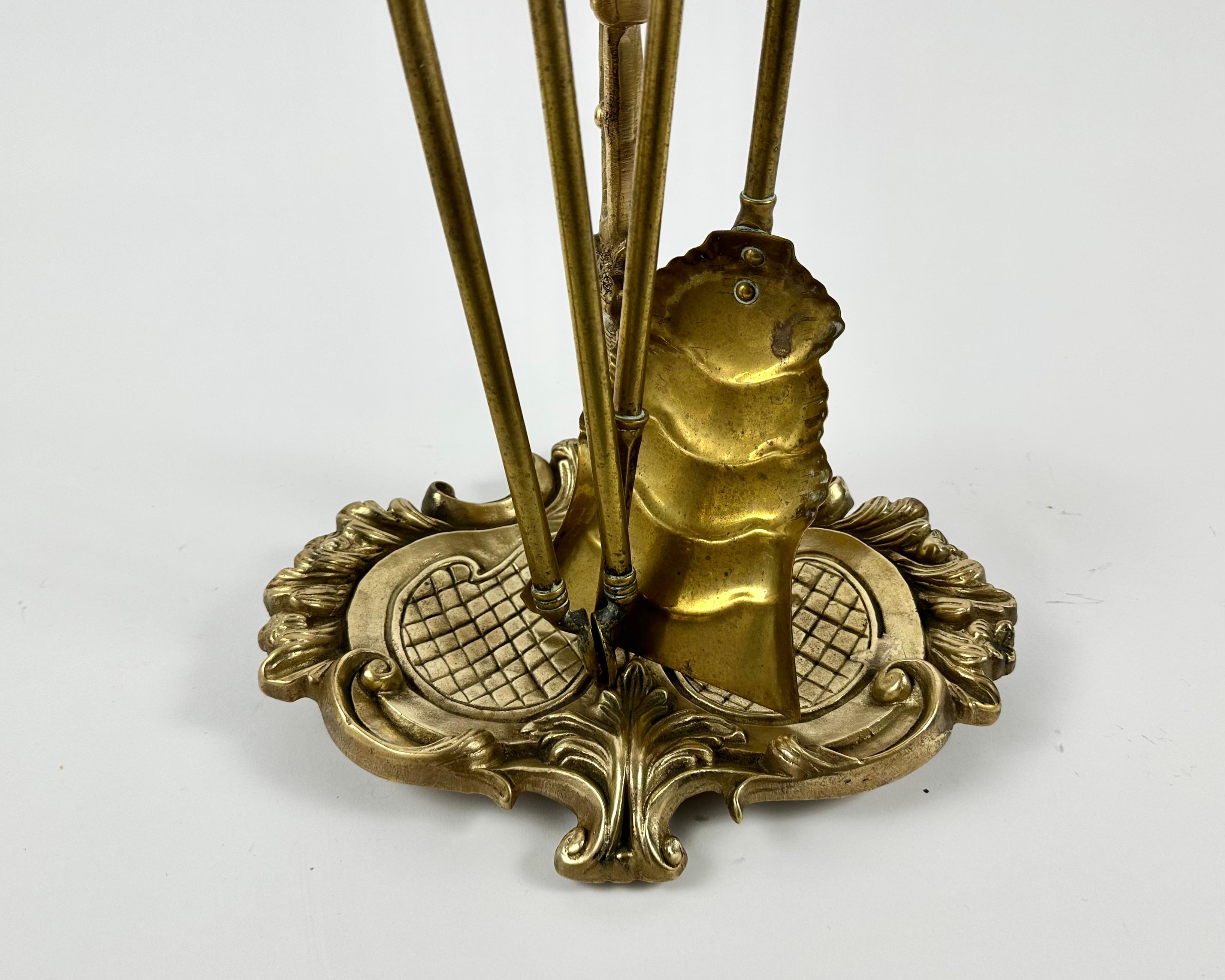 Baroque Vintage Fireplace Tools Bronze Set Of 4-Piece Bronze Accessories, France, 1950s For Sale