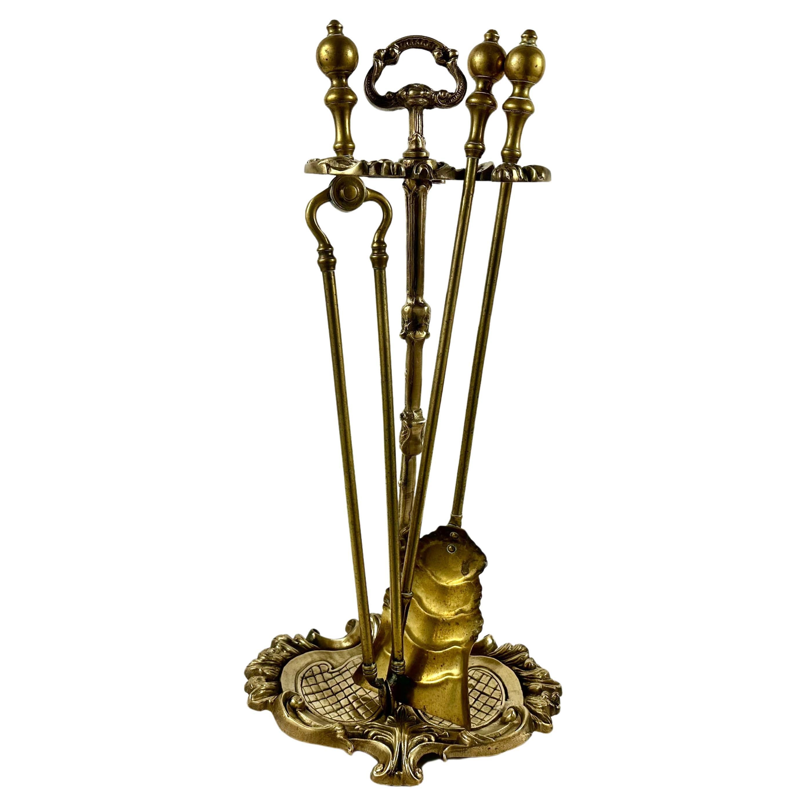 Vintage Fireplace Tools Bronze Set Of 4-Piece Bronze Accessories, France, 1950s For Sale