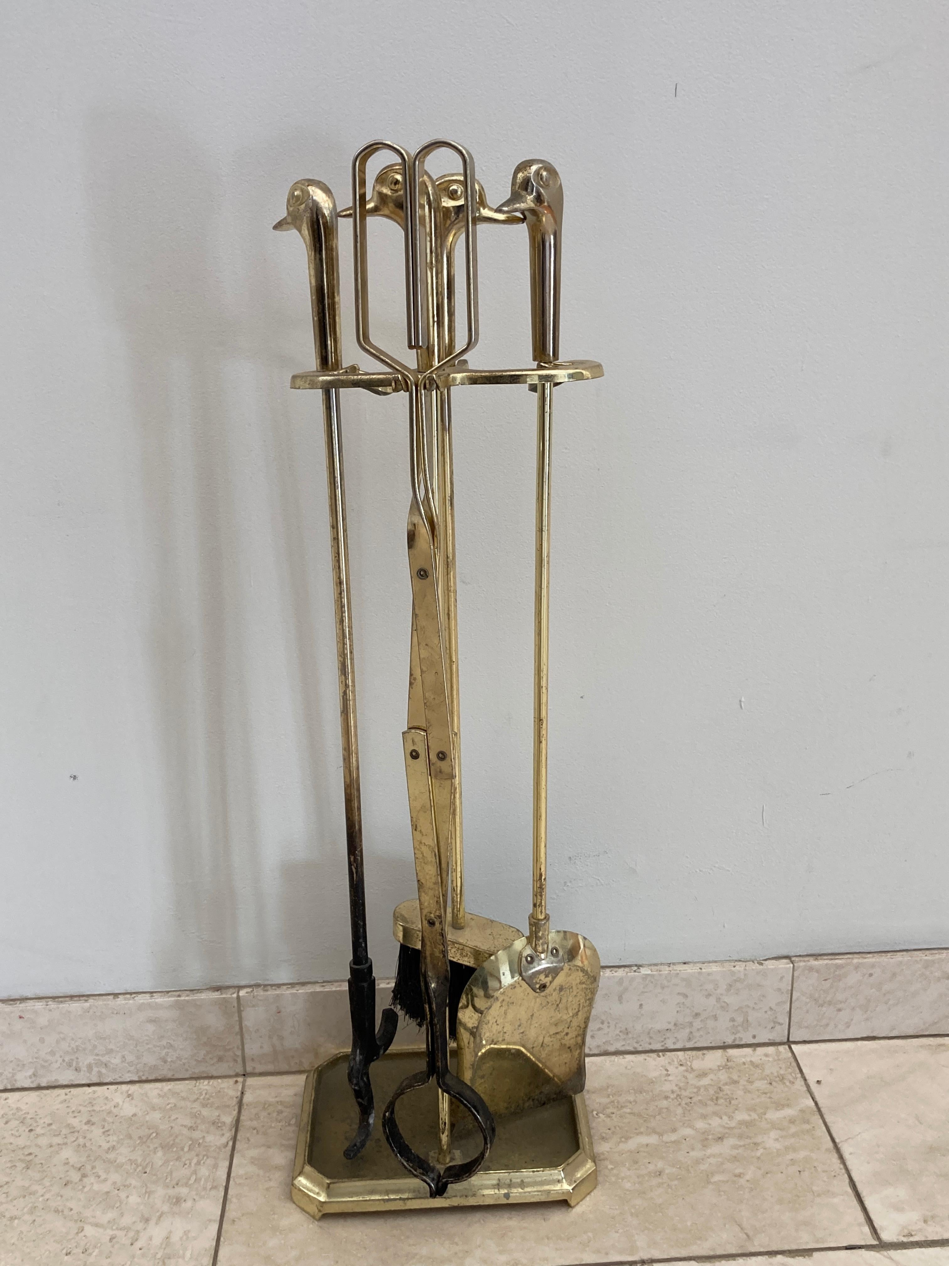 Vintage Fireplace Tools in Brass with Duck Heads, French, circa 1960 5