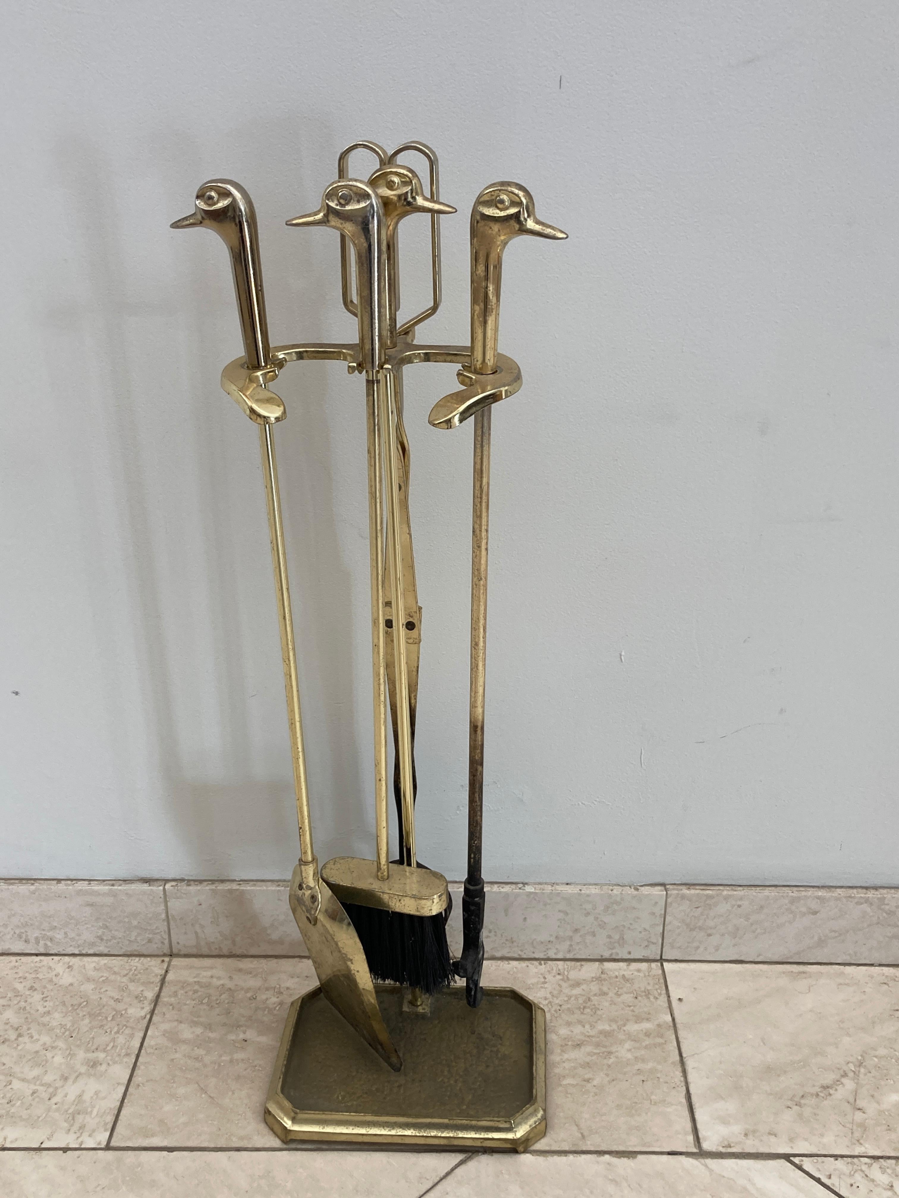Modern Vintage Fireplace Tools in Brass with Duck Heads, French, circa 1960