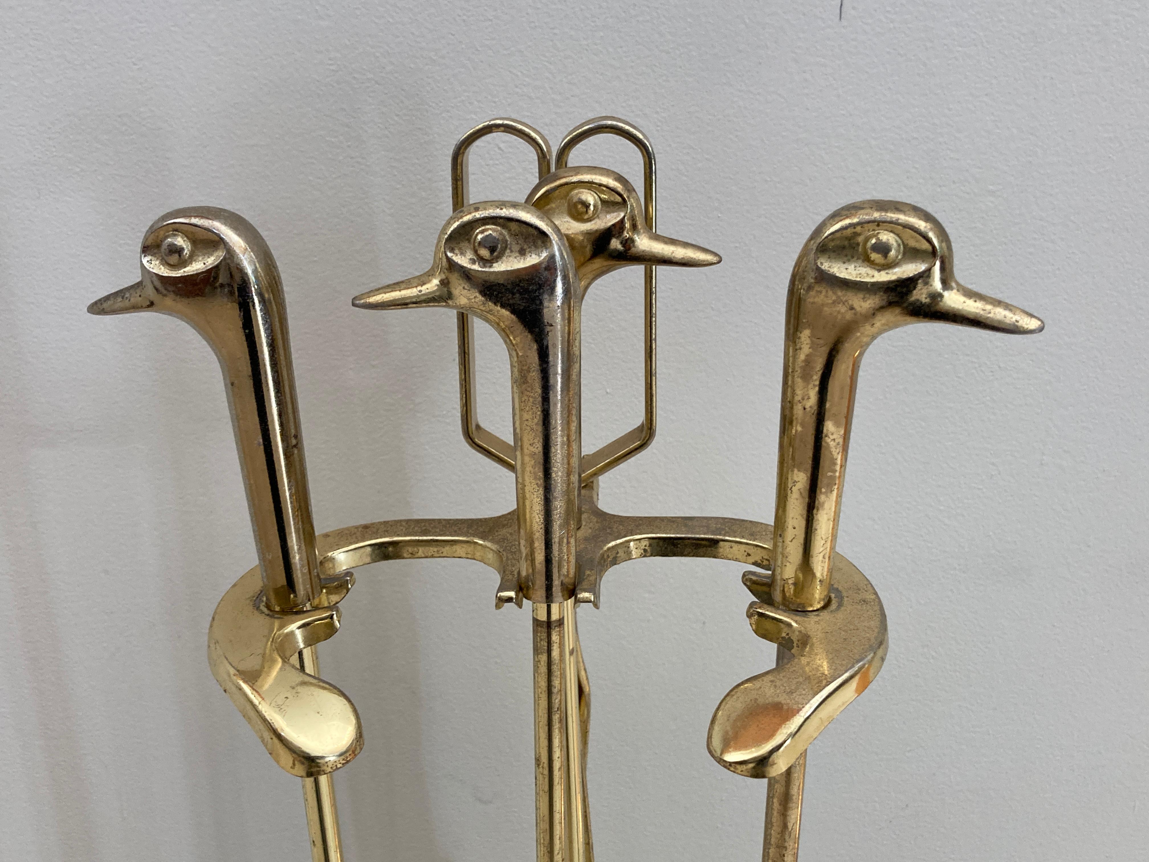 American Vintage Fireplace Tools in Brass with Duck Heads, French, circa 1960