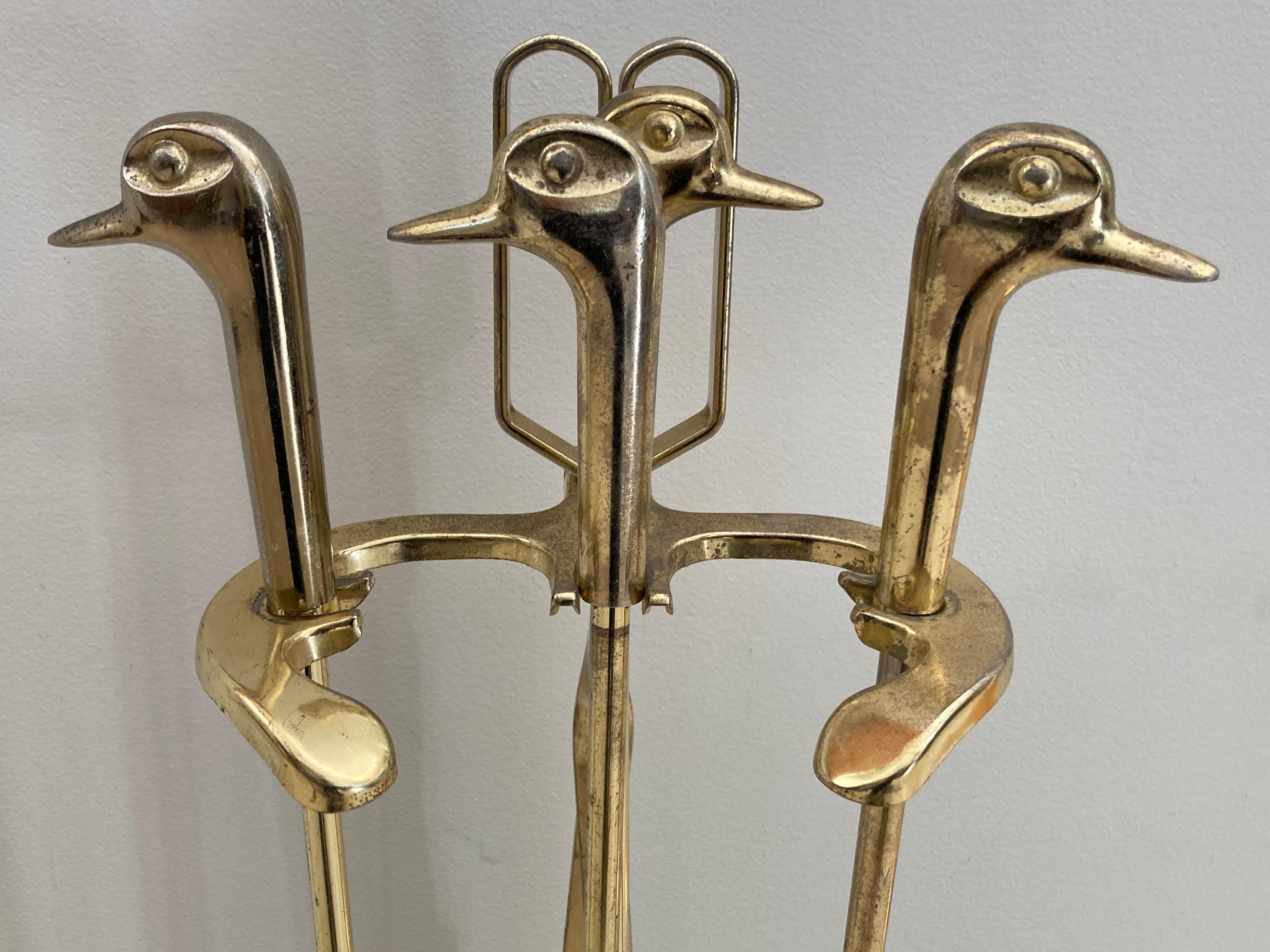 20th Century Vintage Fireplace Tools in Brass with Duck Heads, French, circa 1960