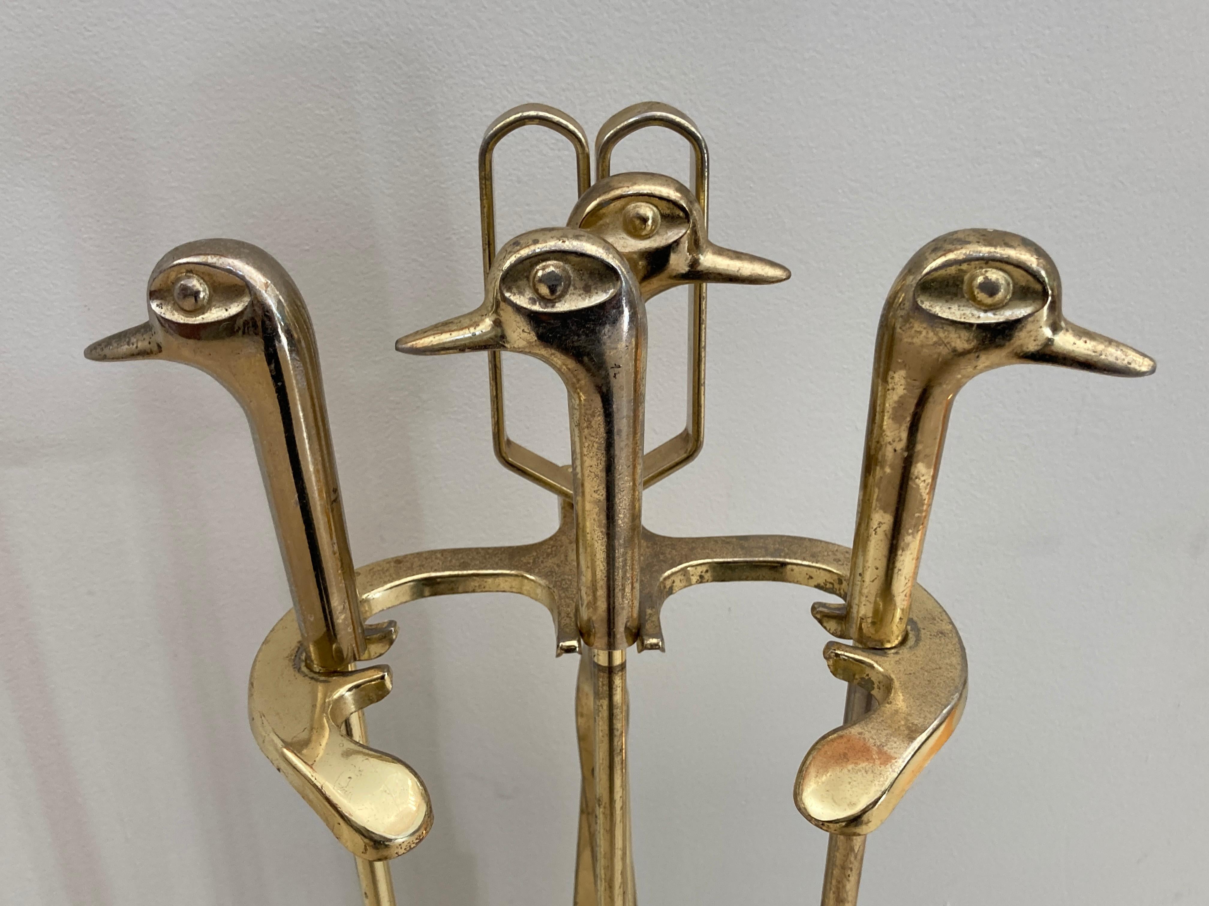 Vintage Fireplace Tools in Brass with Duck Heads, French, circa 1960 1