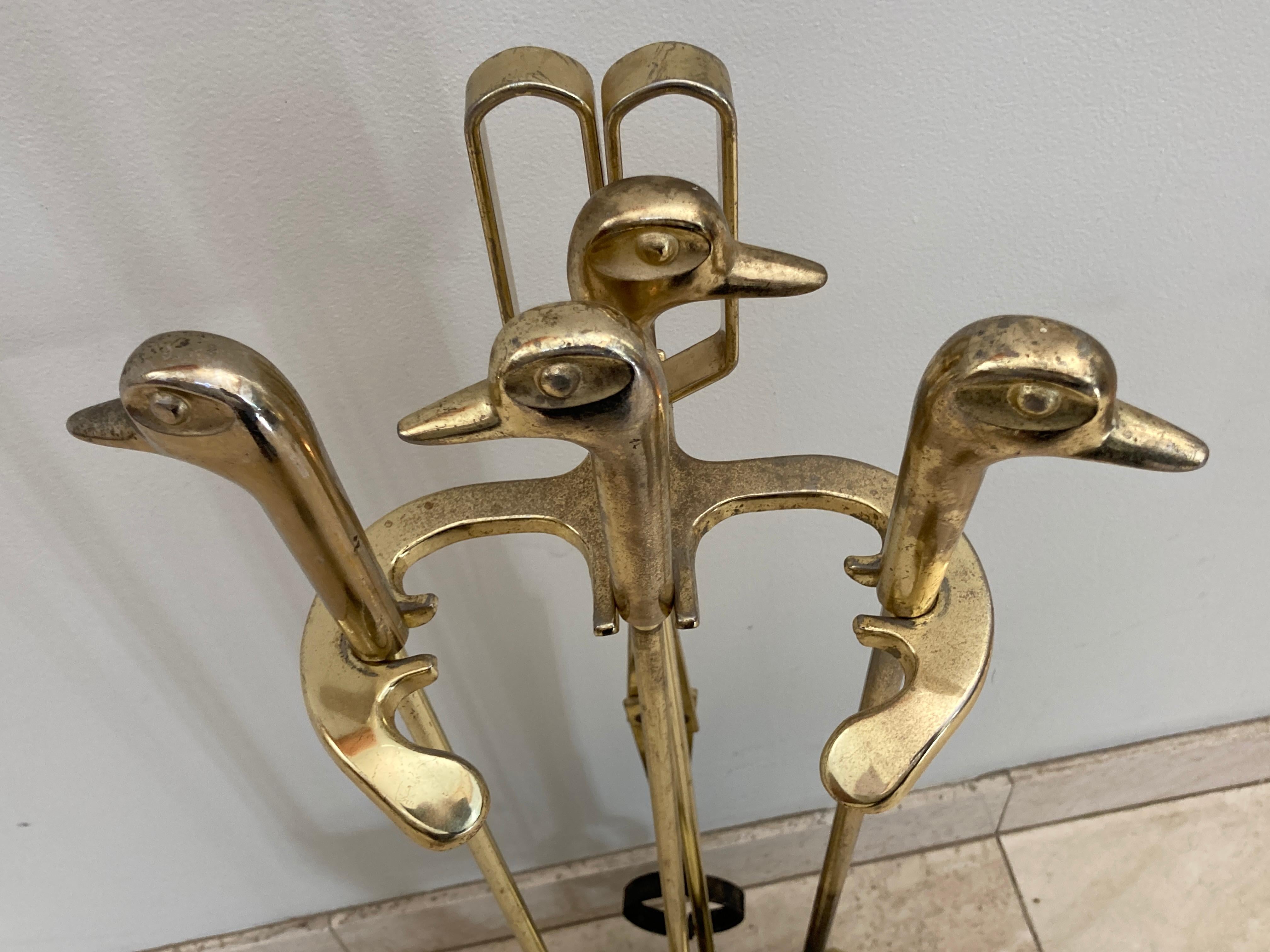 Vintage Fireplace Tools in Brass with Duck Heads, French, circa 1960 2