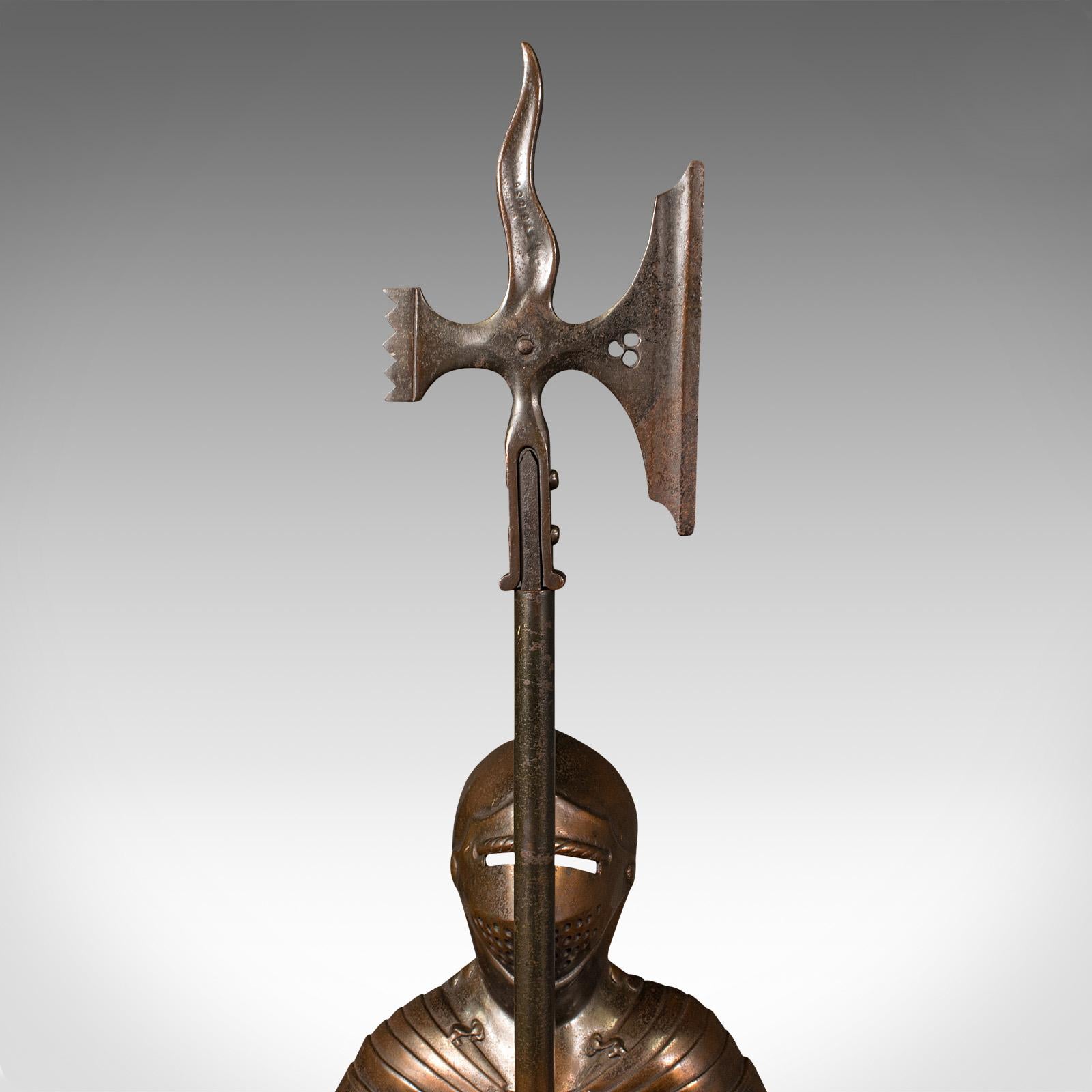 20th Century Vintage Fireside Knight Companion, English, Bronzed, Figure, Fire Tools, C.1930