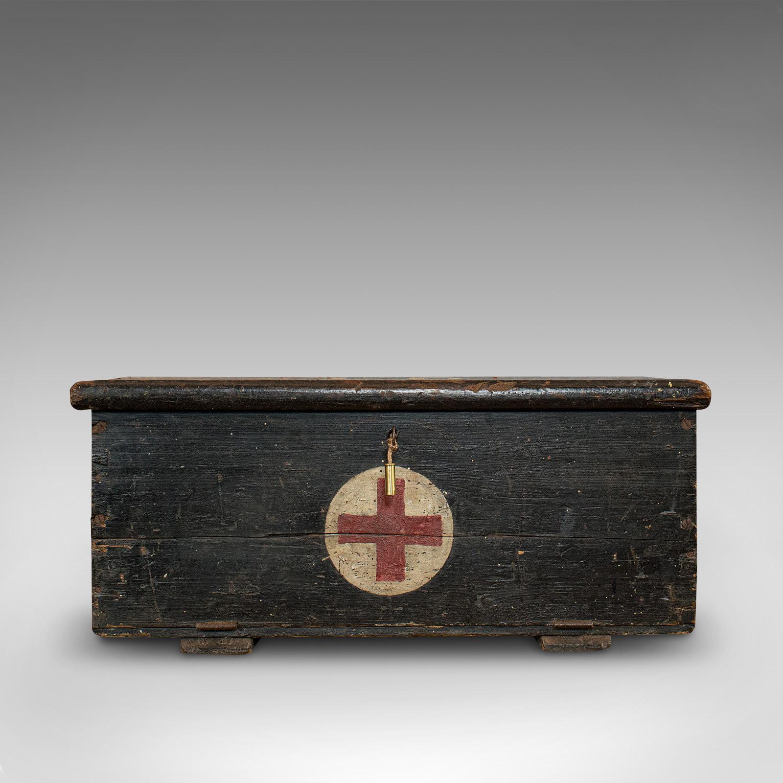 British Vintage First Aid Chest, English, Pine, Trunk, Huddersfield Rifles, Regiment