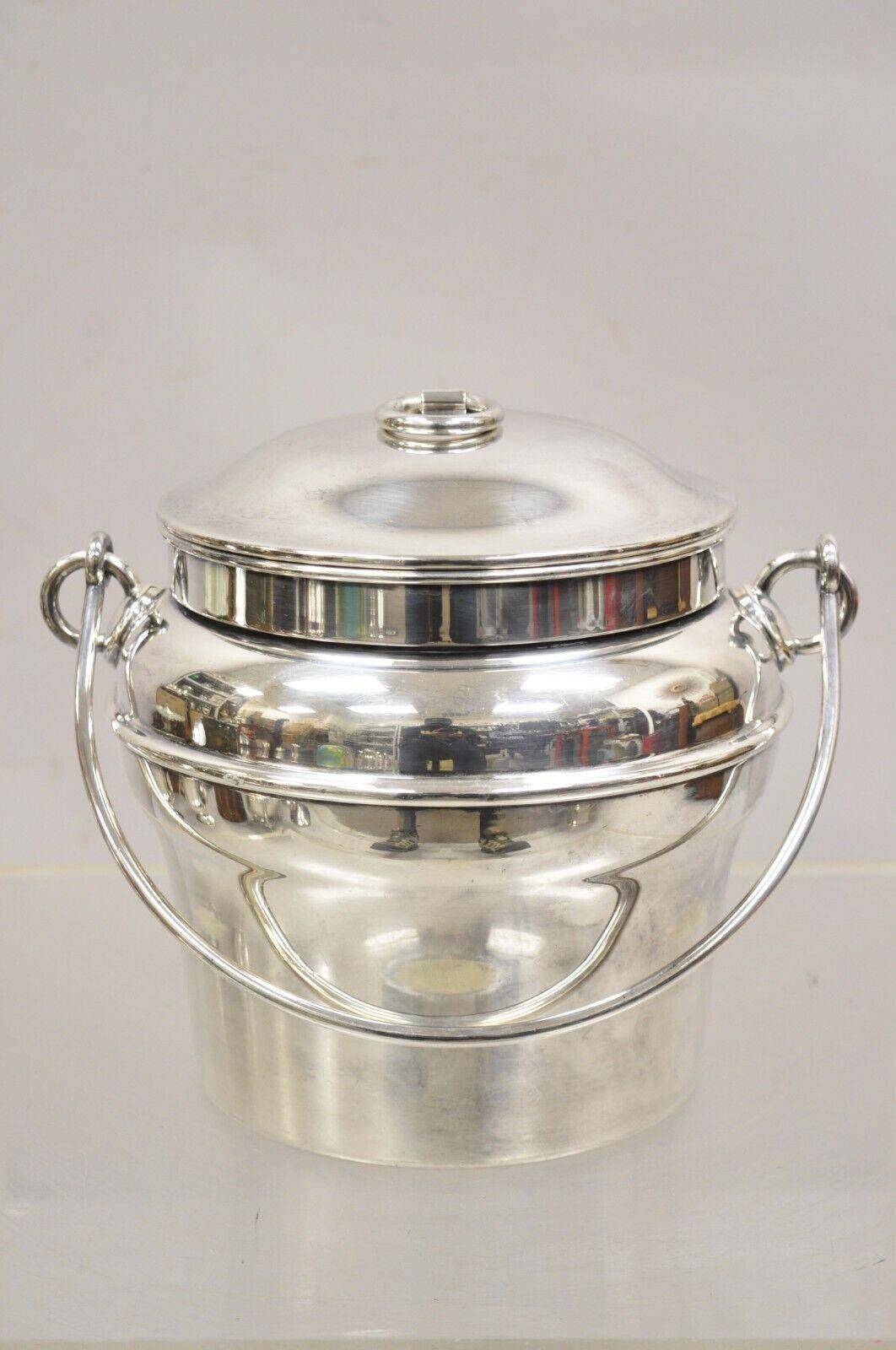 Vintage Fisher K308 Modern Silver Plated Lidded Ice Bucket with Glass Liner In Good Condition For Sale In Philadelphia, PA
