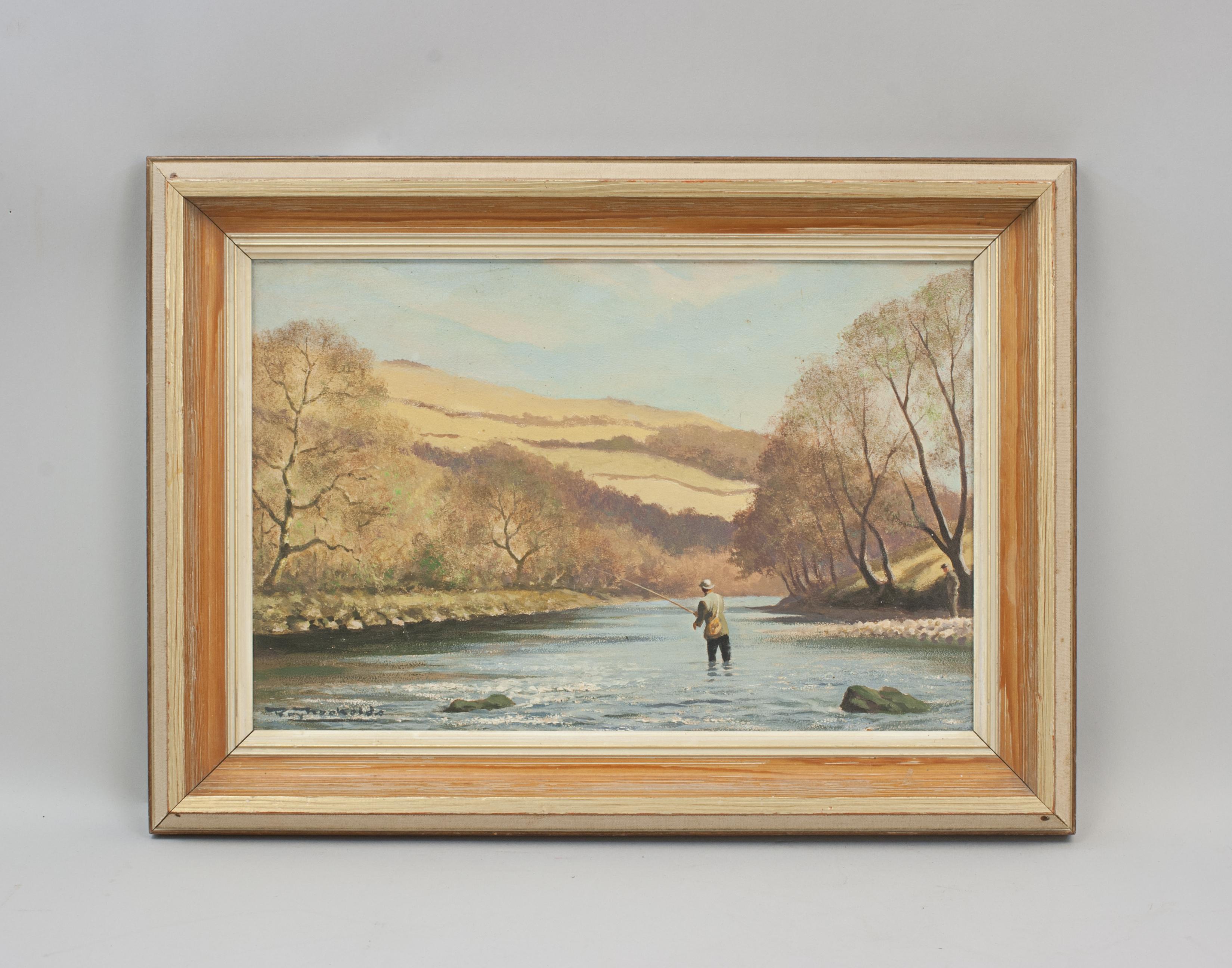 Roy Nockolds Fly Fishing Oil painting.
A charming, atmospheric, colourful original oil on board of a gentleman fly fishing in the river, an onlooker can be seen standing on the river bank. Signed by the artist, Roy Nockolds, bottom left-hand corner.