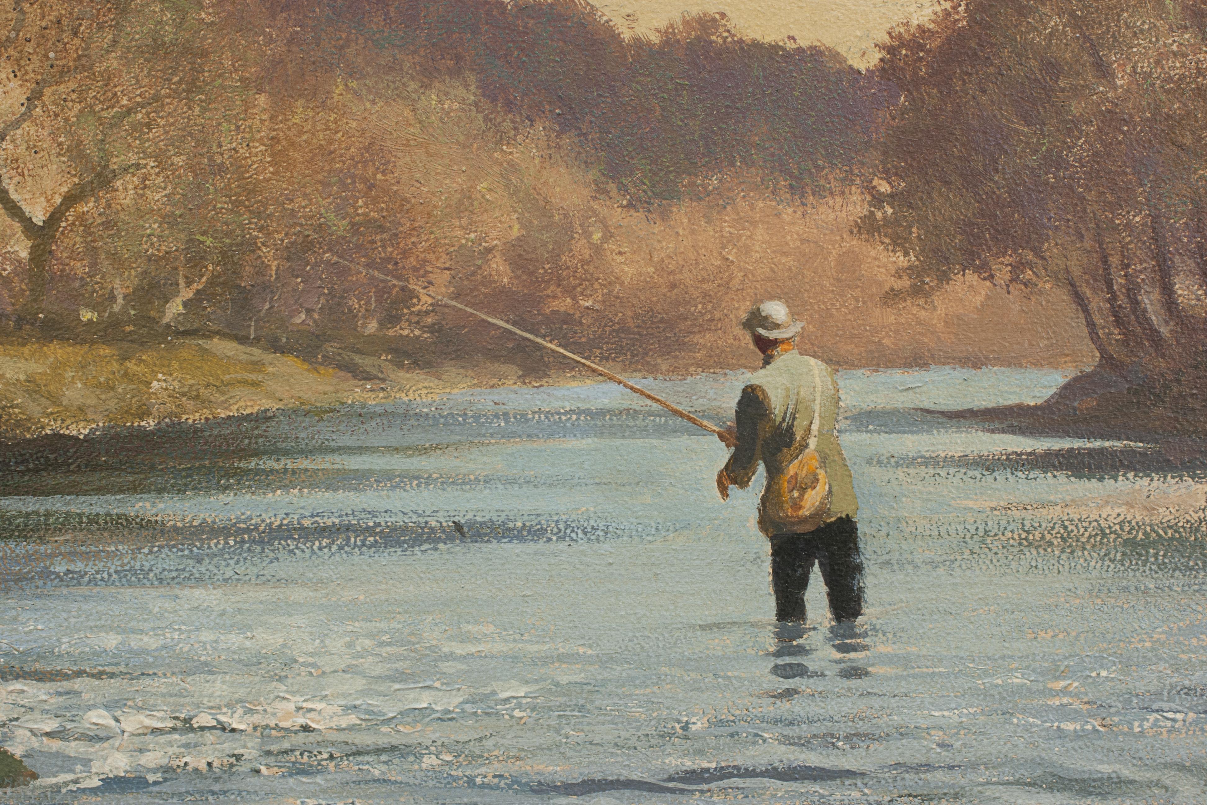 Vintage Fishing Oil Painting on Board Roy Nockolds 1
