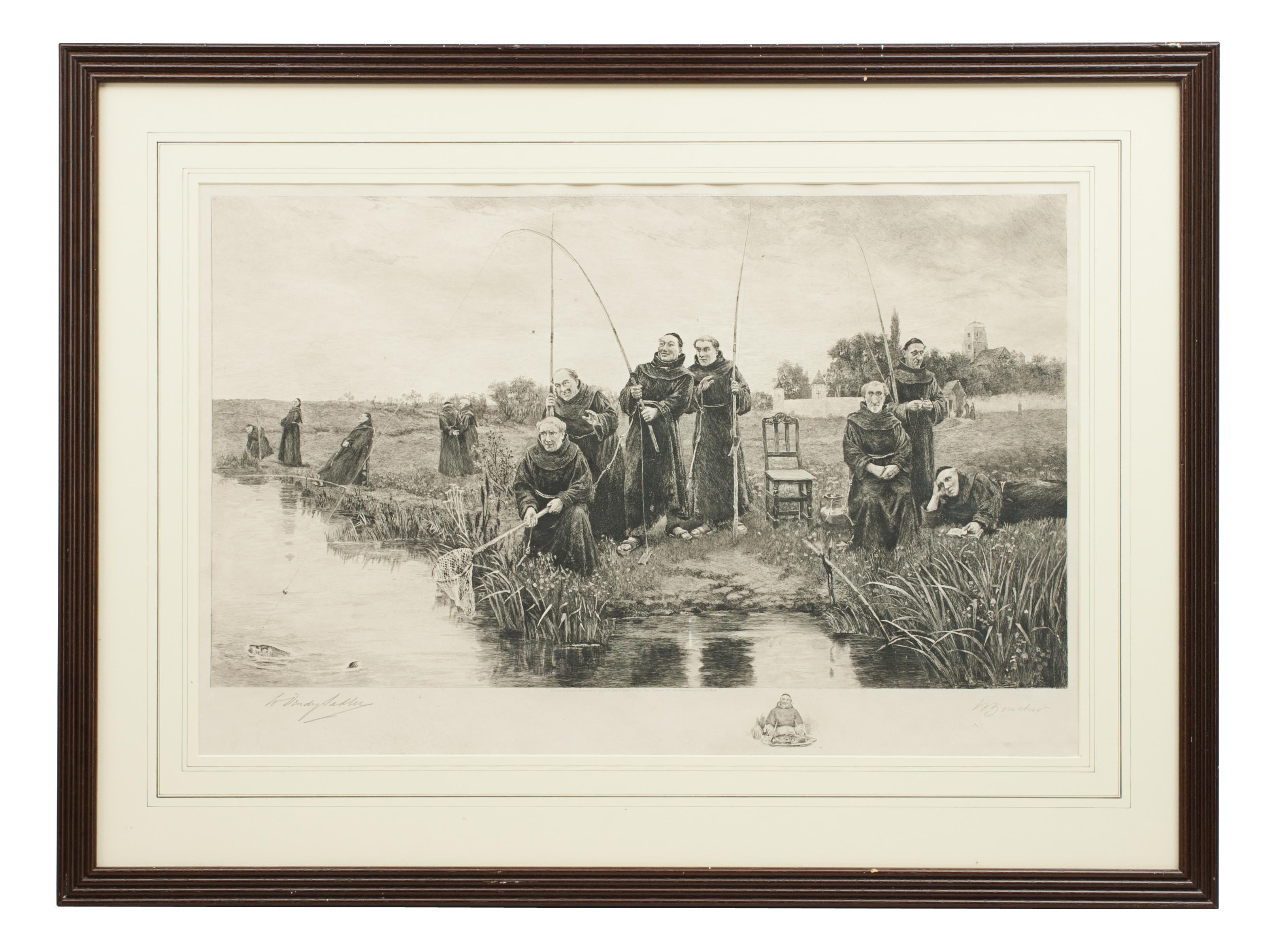 Vintage fishing picture, Thursday by Dendy Sadler.
A framed fishing picture after the painting by Dendy Sadler entitled 'Thursday'. The main image depicts a group of monks of the order of St. Francis fishing on the river bank near their monastery