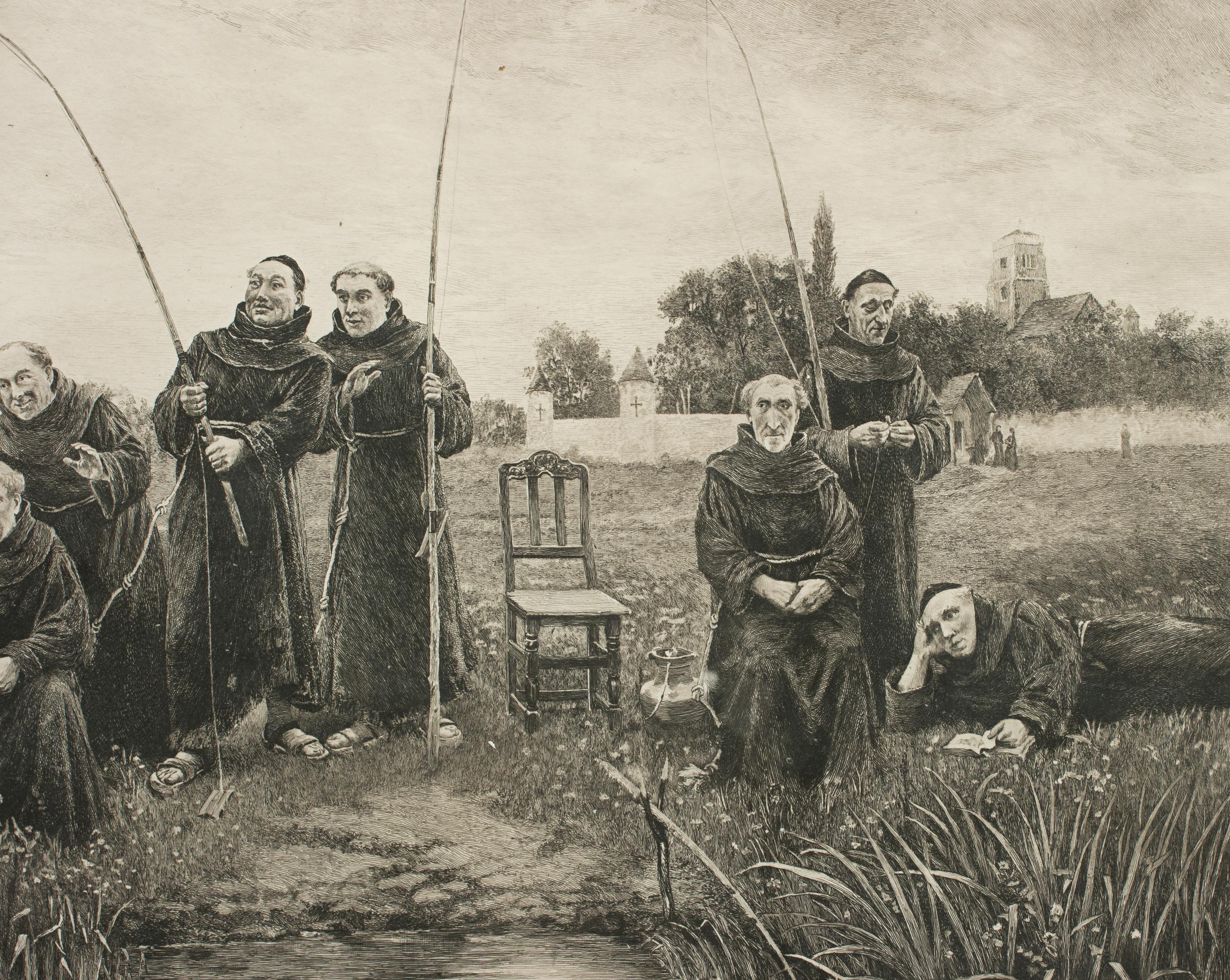 British Vintage Fishing Picture, Thursday by Dendy Sadler, Monks Fishing