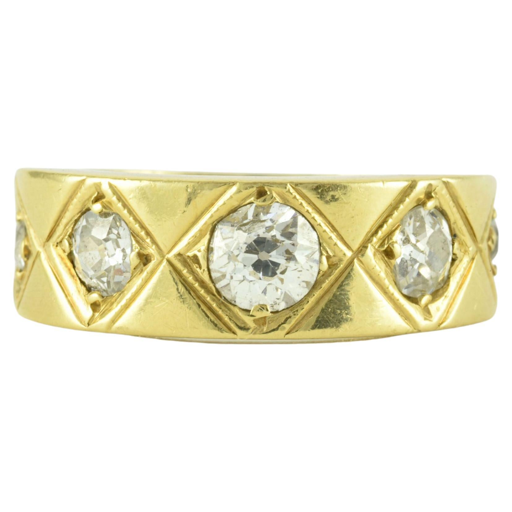 Vintage Five Diamond and 18kt Yellow Gold Gipsy Ring For Sale