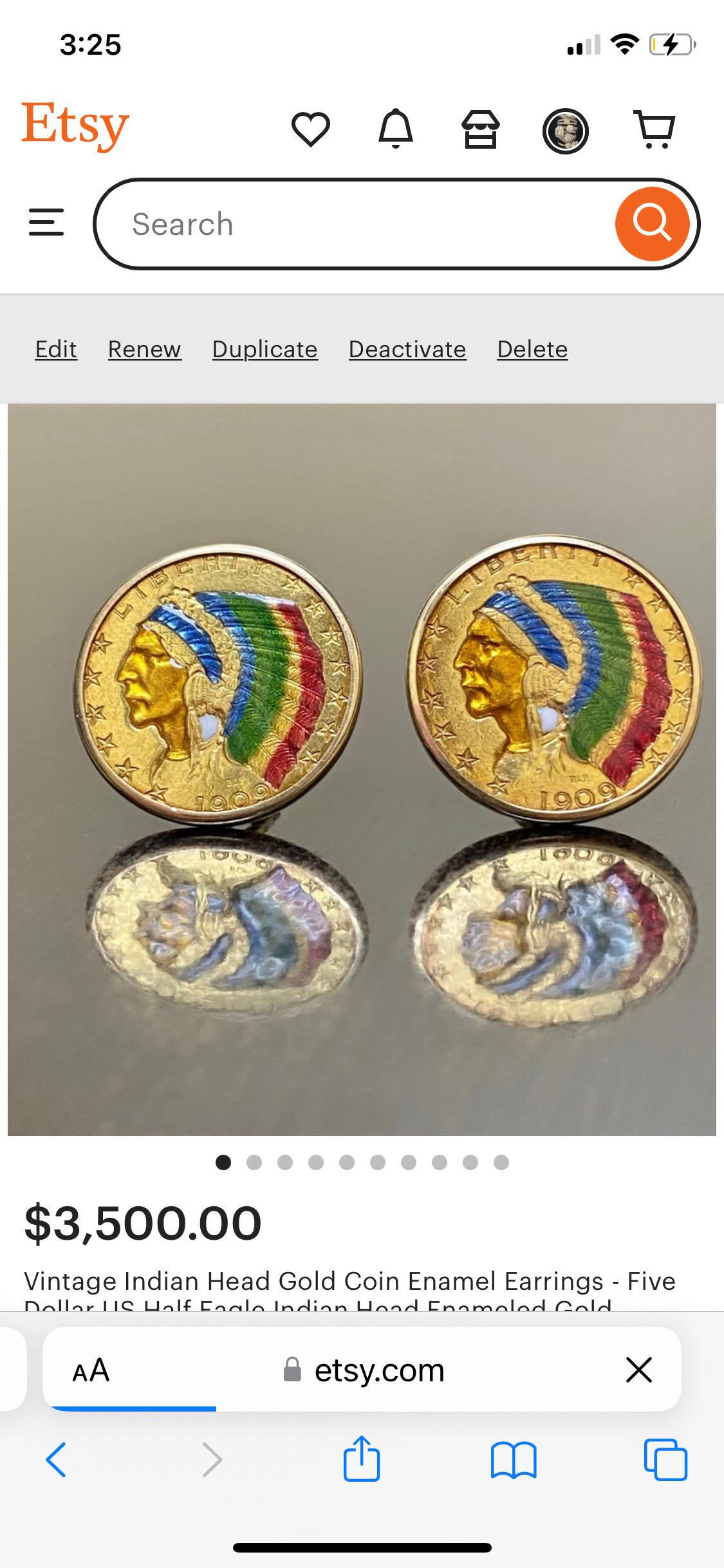 DeKara Designs Vintage Collection

Metal- 90% Gold, 14K Yellow Gold, .583. 21.4 Grams.

Authentic Vintage United Sates Half Dollar Five Dollar Indian Head Coin Colored Baked Enamel Earrings. These earrings are in amazing condition. The earrings are