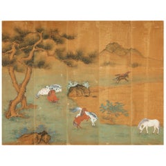 Vintage Five-Panel Asian Screen with Horses