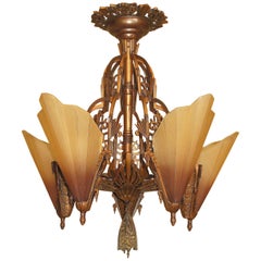 Vintage Five Shade Bronze Deco Ceiling Fixture with Brown Tip Shades