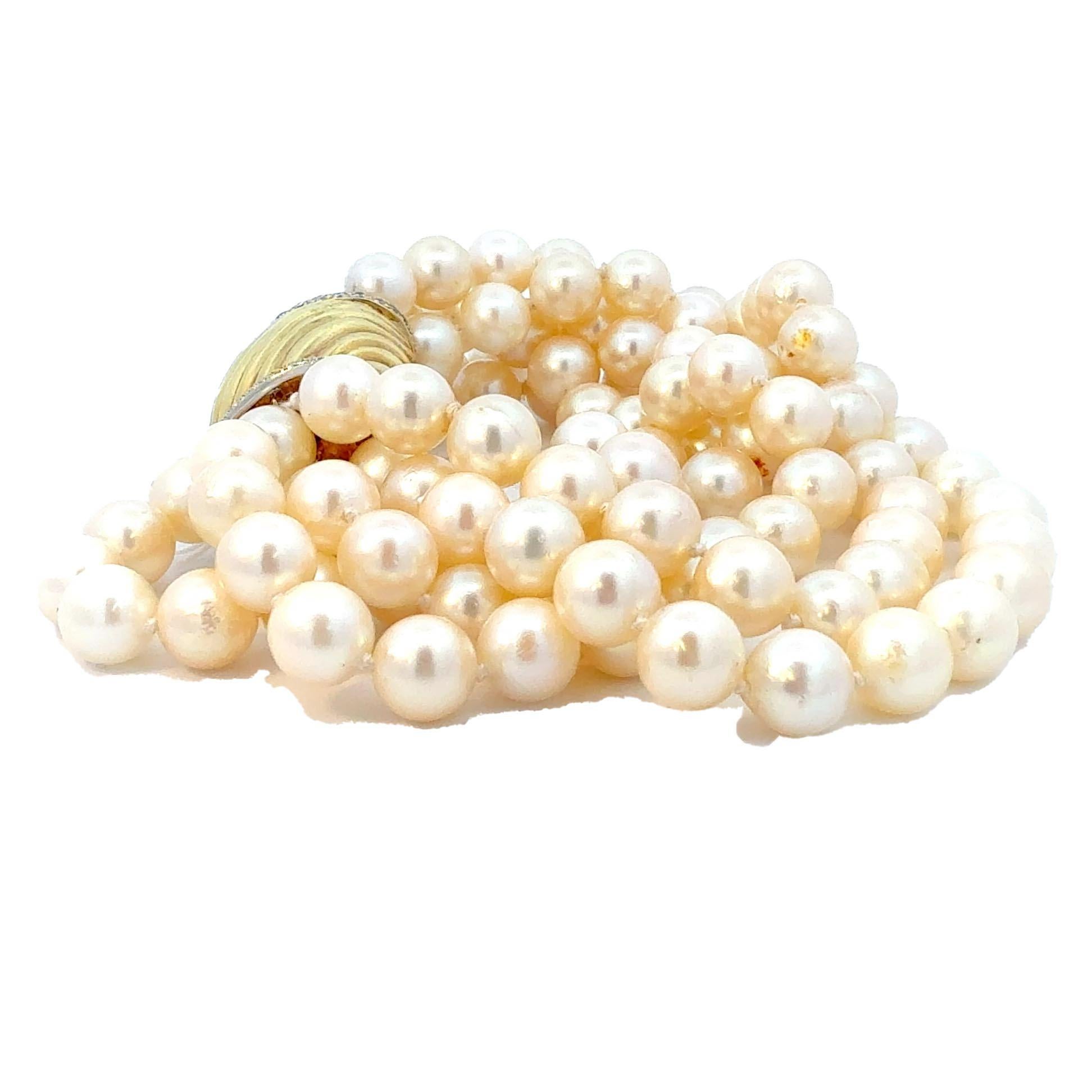 Vintage Fünf-Strang 14K Gold und Diamant-Verschluss Perlenarmband, Retro-Klassiker Damen