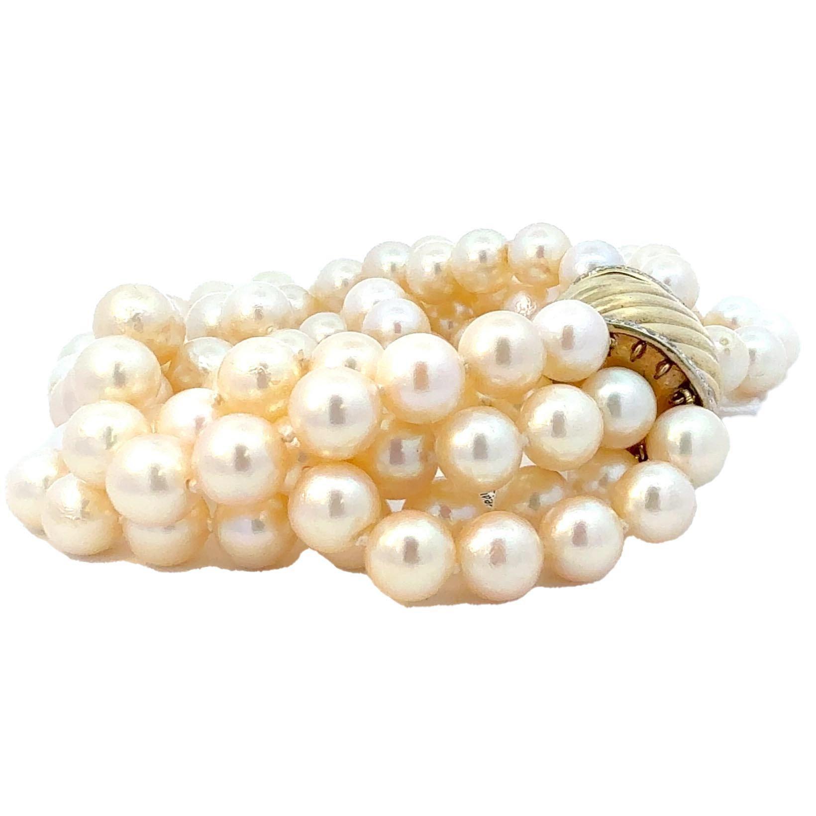 Vintage Fünf-Strang 14K Gold und Diamant-Verschluss Perlenarmband, Retro-Klassiker 2