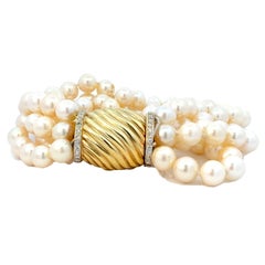 Vintage Five-Strand 14K Gold and Diamond Clasp Pearl Bracelet, Retro Classic