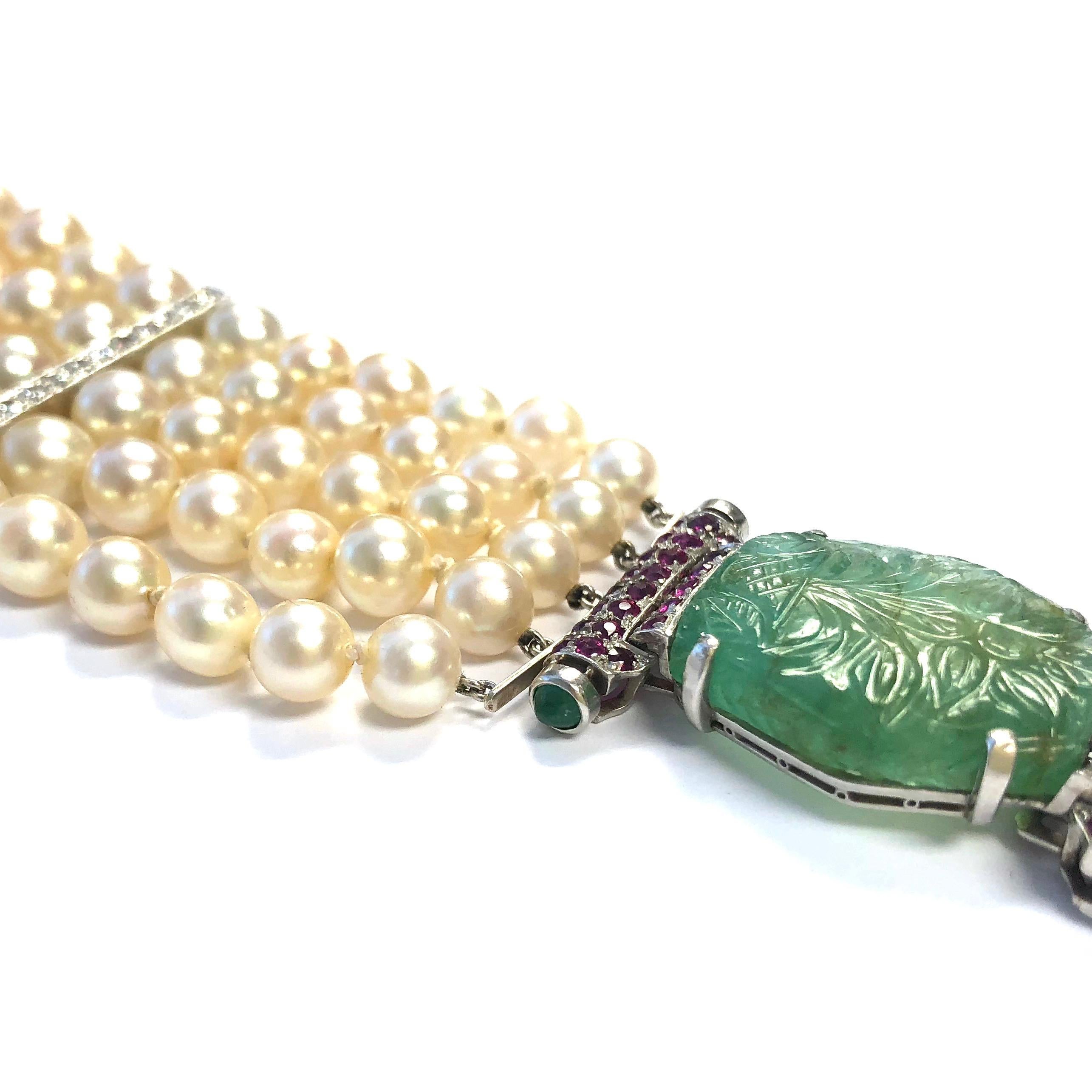 Vintage Five Strand Pearl Emerald Ruby Diamond Platinum Bracelet In Good Condition In Agoura Hills, CA