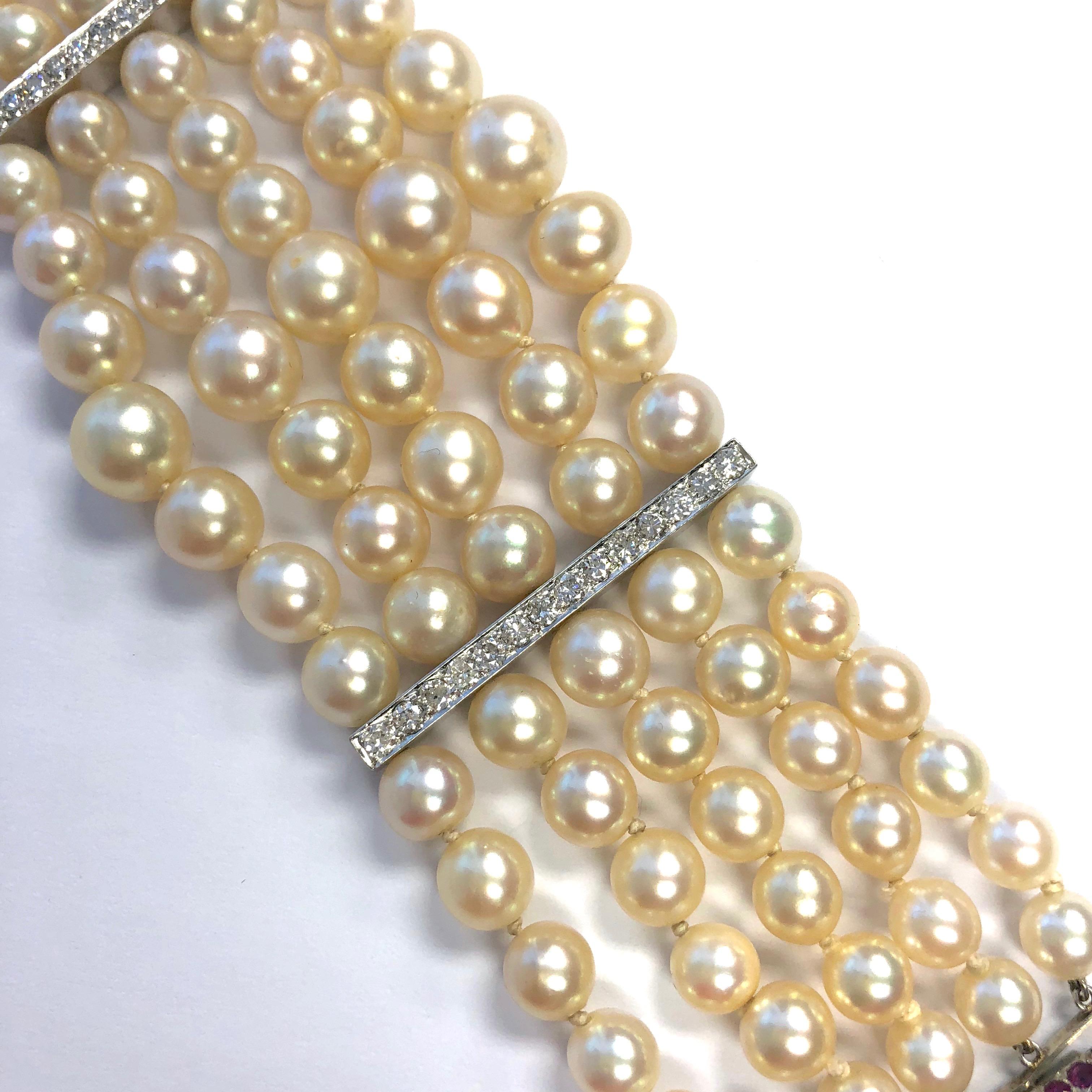 Women's or Men's Vintage Five Strand Pearl Emerald Ruby Diamond Platinum Bracelet
