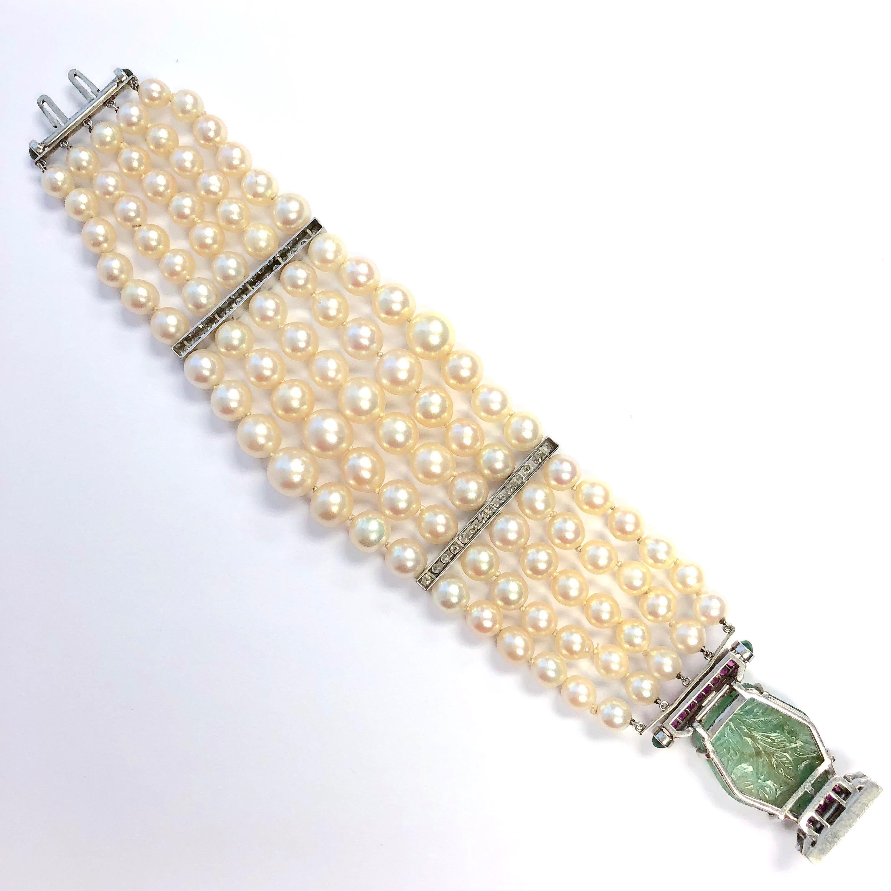 Vintage Five Strand Pearl Emerald Ruby Diamond Platinum Bracelet 1