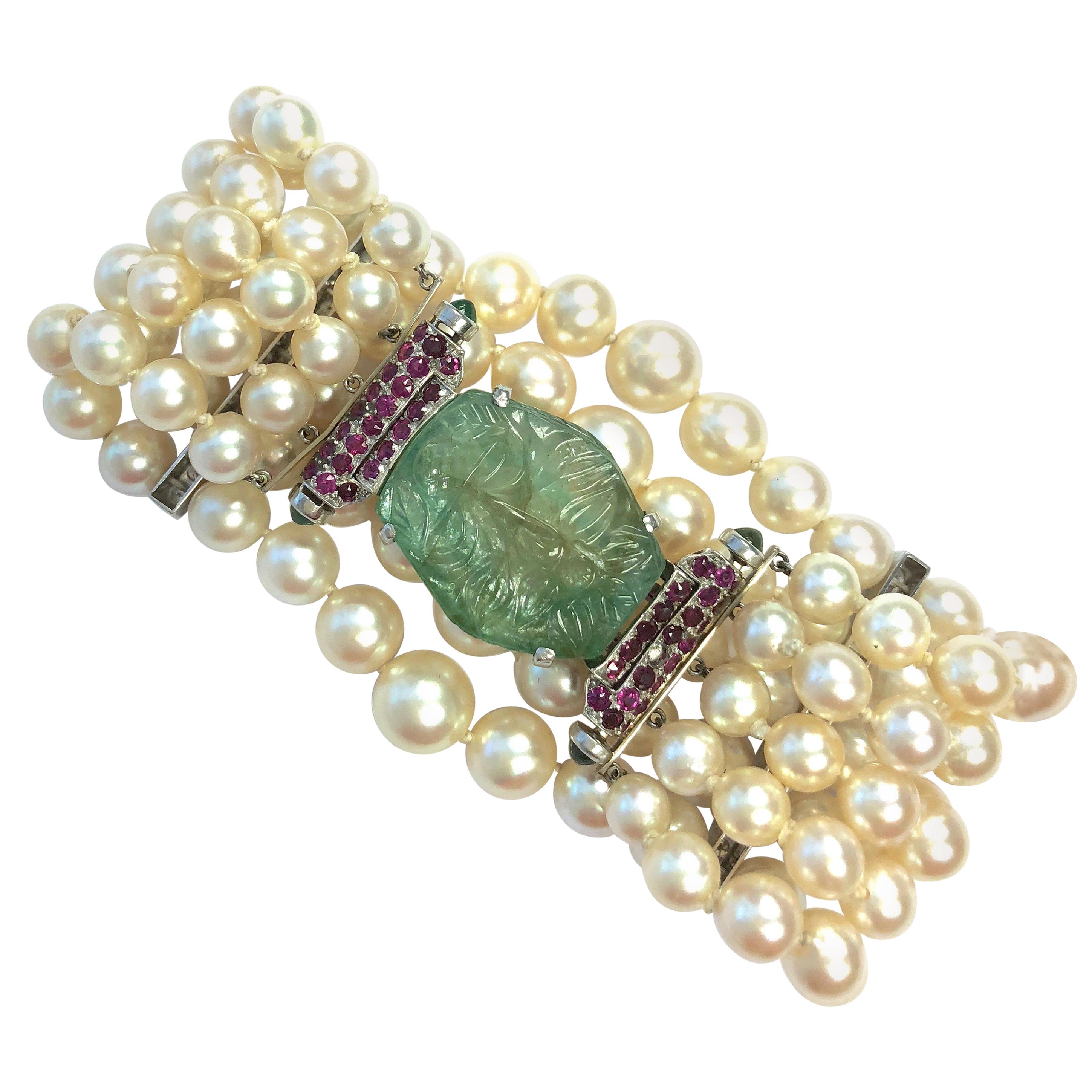 Vintage Five Strand Pearl Emerald Ruby Diamond Platinum Bracelet