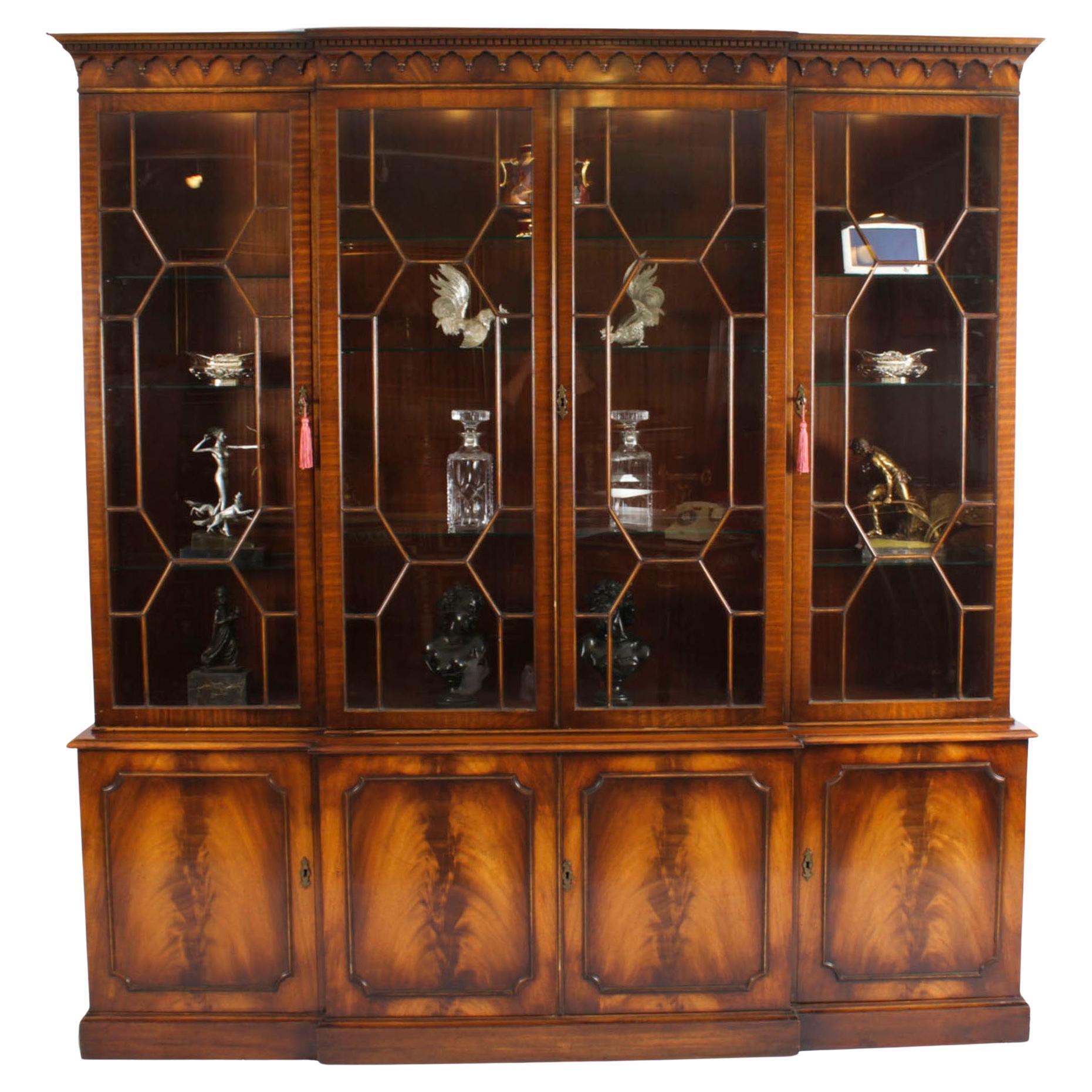 Vintage Flame Mahogany Breakfront Bookcase / Display Cabinet 20th Century